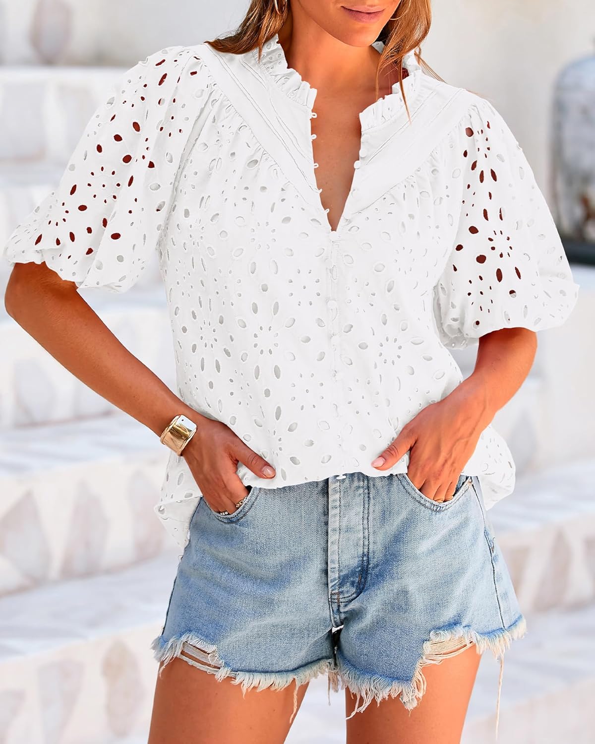 BTFBM Womens Blouses Summer Hollow Out Eyelet Embroidery Tops V Neck Buttons Puff Sleeve Boho Shirts Spring Fashion 2026 - Image 8