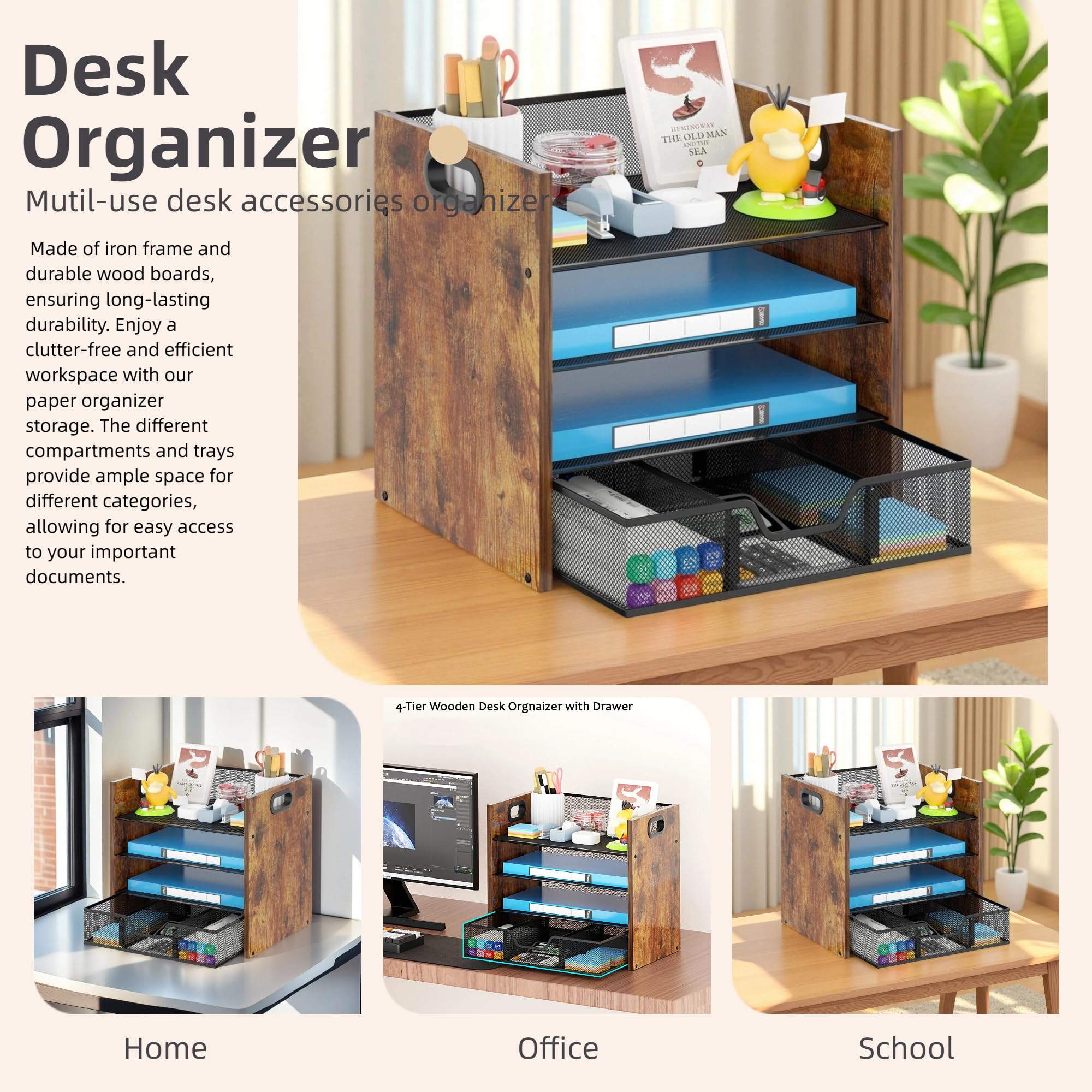 Schreibtisch-Organizer aus Holz – 4-stöckiger Schreibtisch-Organizer mit Schublade, Holz-Papierablage, Büro-Schreibtisch-Organizer für Papiere, Post, Notizbücher, Schreibwaren