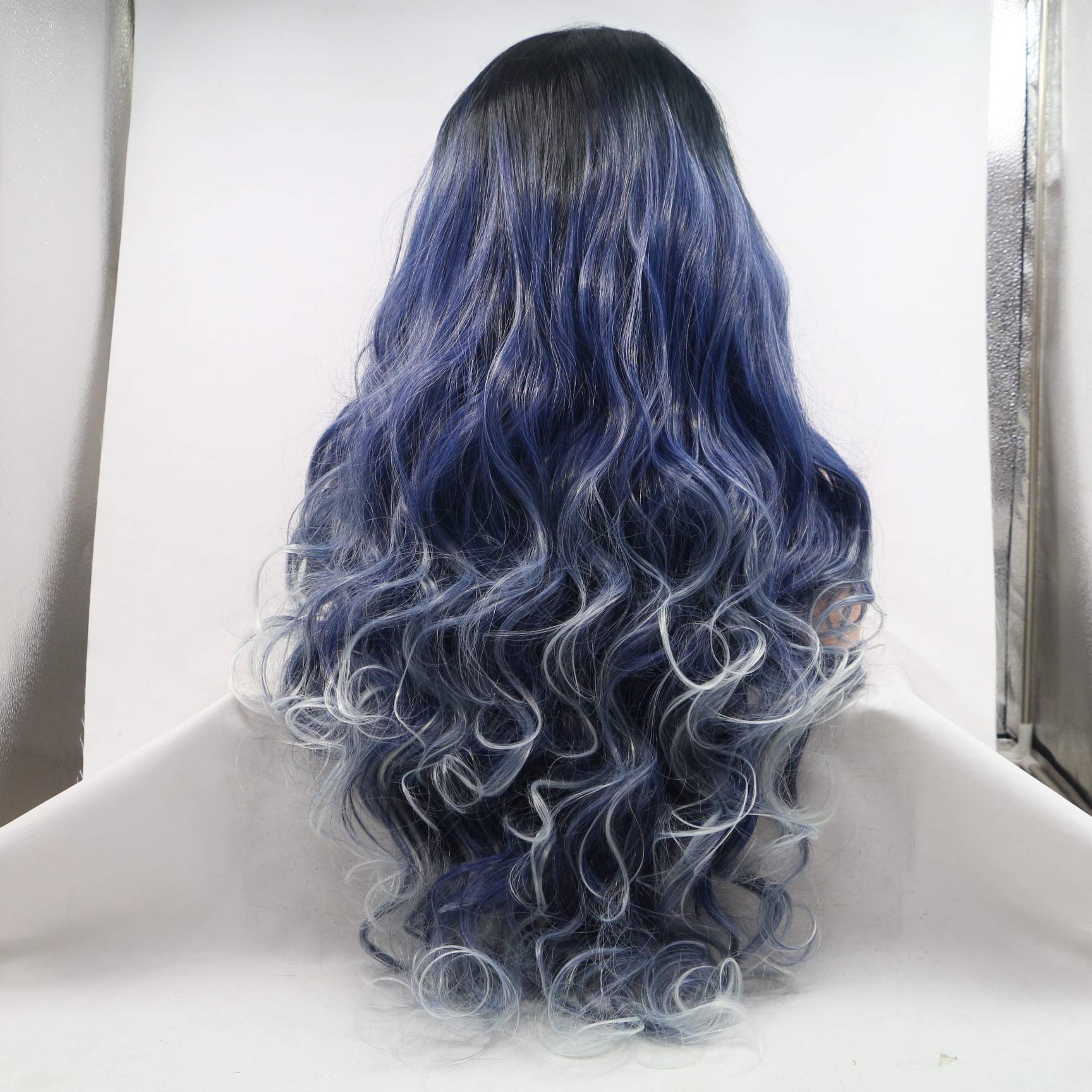 Xiweiya Ombre Blue Blonde Lace Front Wigs with Dark Roots Long Curly Wave Synthetic 13x4 Lace Front Wigs Blonde Tips Heat Resistant Fiber Hair 180% Density Wig For Women 26inch - Image 4