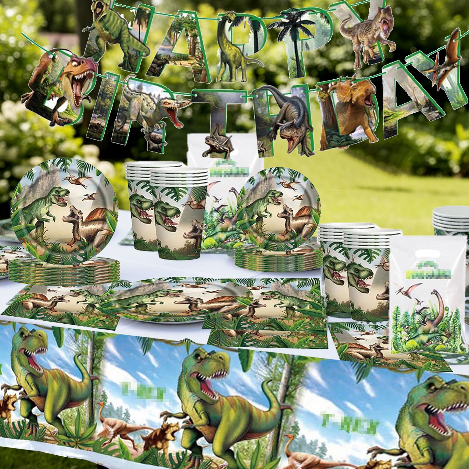 102 Pezzi Dinosauri Stoviglie per Feste di Compleanno，Dinosauri Addobbi Compleanno，Tovaglia，Piatti Carta，Sacchetto regalo，Striscione，Adatto a 20 persone