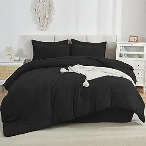 Litanika Comforter Queen Size Set Black - 7 Pieces Bed in a Bag Queen Bedding Comforter Sets, Plain Lightweight Bed Set with Comforter, Sheets, Pillowcases & Shams