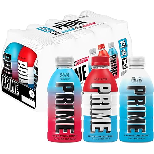 PRIME HYDRATION Variety - Blue Freeze, Cherry Freeze, ICE POP Sports Drinks, Electrolyte Enhanced for Ultimate Hydration, 250mg BCAAs, B Vitamins, Antioxidants, Low Sugar, 12 Fl Oz, 15 Pack