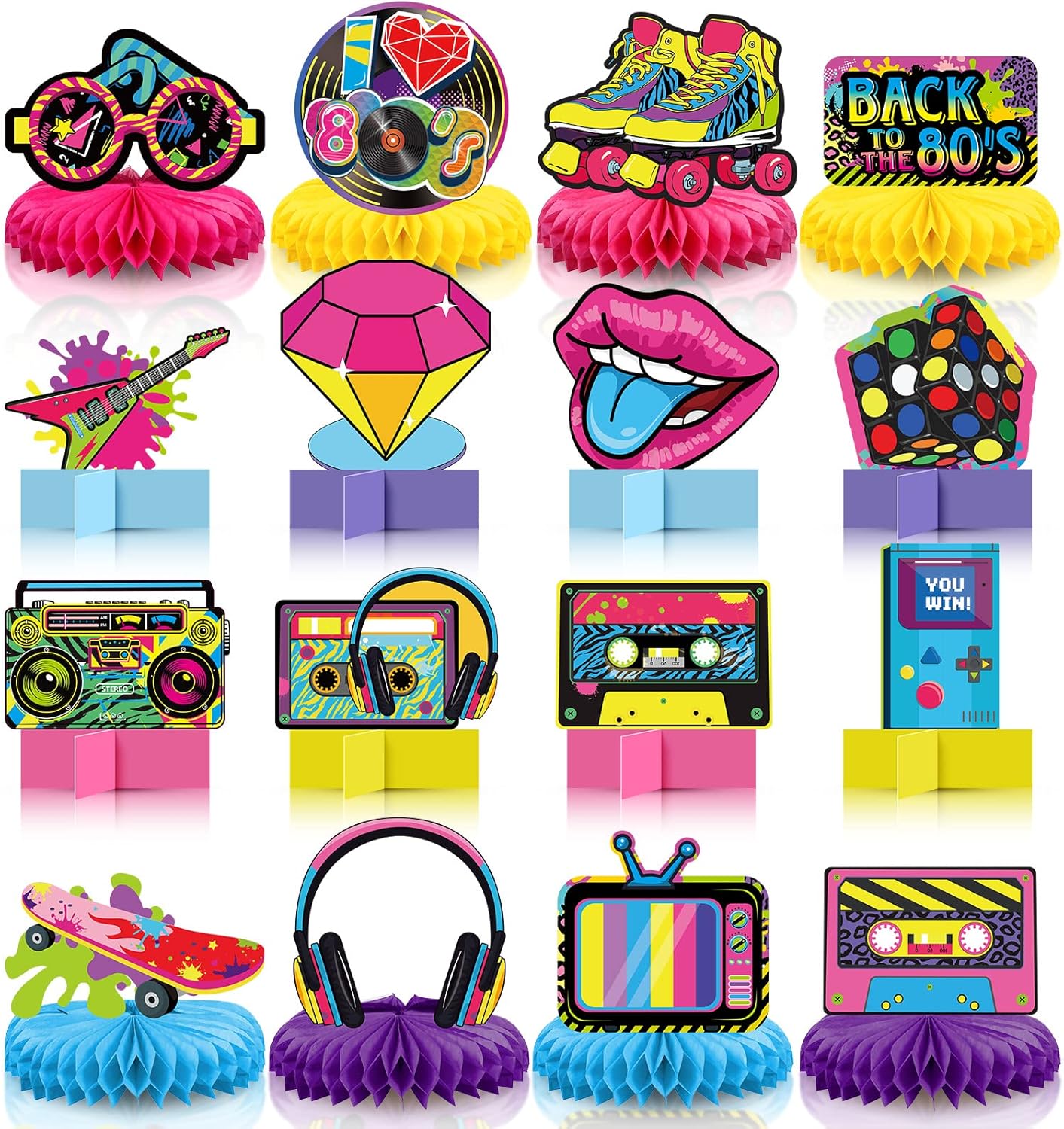 Pasimy 16 Pcs 80s Party Decorations 1980s Honeycomb Centerpieces 3D Hip Hop Table Toppers Back to The 80s Retro Rock Hippie Photo Props for Throwback Birthday Neon Party Favors Supplies
