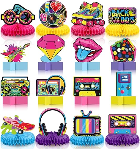 Pasimy 16 piezas de decoraciones de fiesta de los años 80, centros de mesa de nido de abeja de los años 80, 3D, hip hop, decoración de mesa de