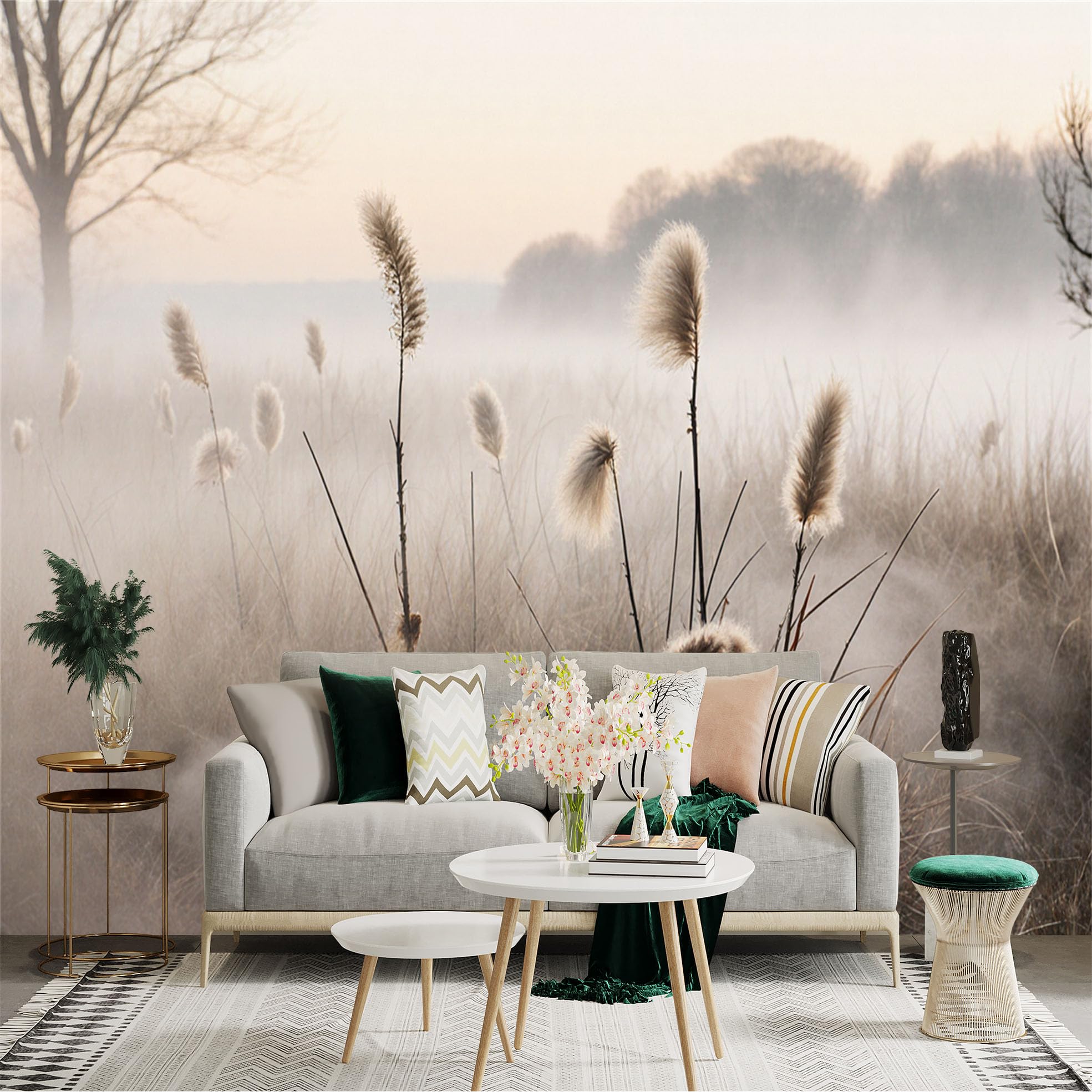 Custom Size Wall Sticker Mural， Morning Fog with Pampas Grass and Misty Field Landscape， for wall Decoration， peelandstick wall Decals.