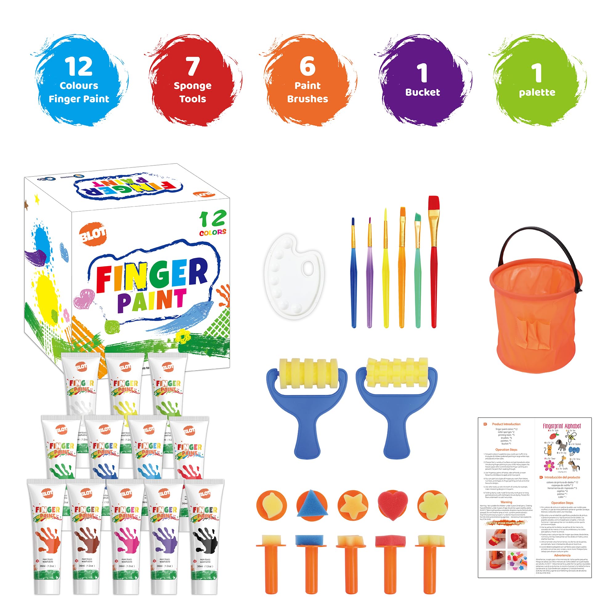 BLOT Pintura de Dedos para Niños Pequeños, Set de Pinturas de Dedos Lavables para Niños, 12 Colores (36ml cada uno), Incluye 7 Herramientas de Esponja, 6 Pinceles, Paleta y Cubo, A partir de 3 años