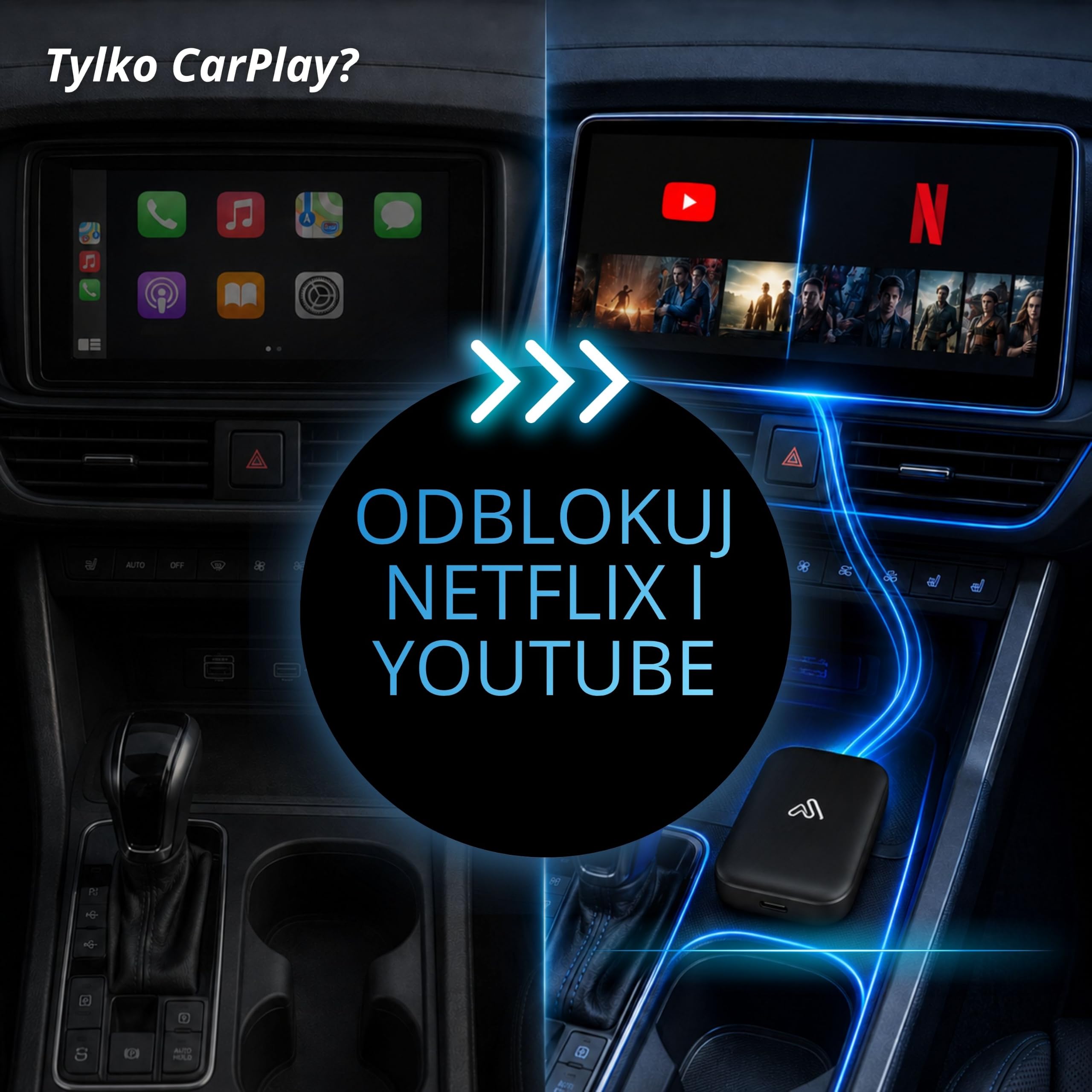 AutoSky Bezprzewodowe CarPlay i Android Auto AI Box Lite do fabrycznych przewodowych samochodów CarPlay - obsługuje Netflix YouTube i Gmail - Go Wireless ze wszystkimi funkcjami Wired CarPlay i
