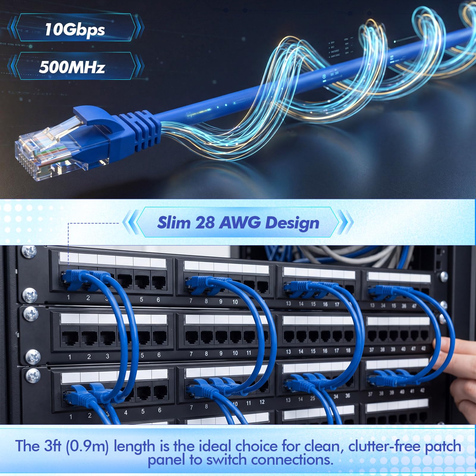 Paquete de 100 cables de conexión Cat6a a granel de 3 pies, cables Ethernet delgados, 10 gbps de alta velocidad, cable Cat6a flexible sin enganches para panel de conexión, interruptor, router