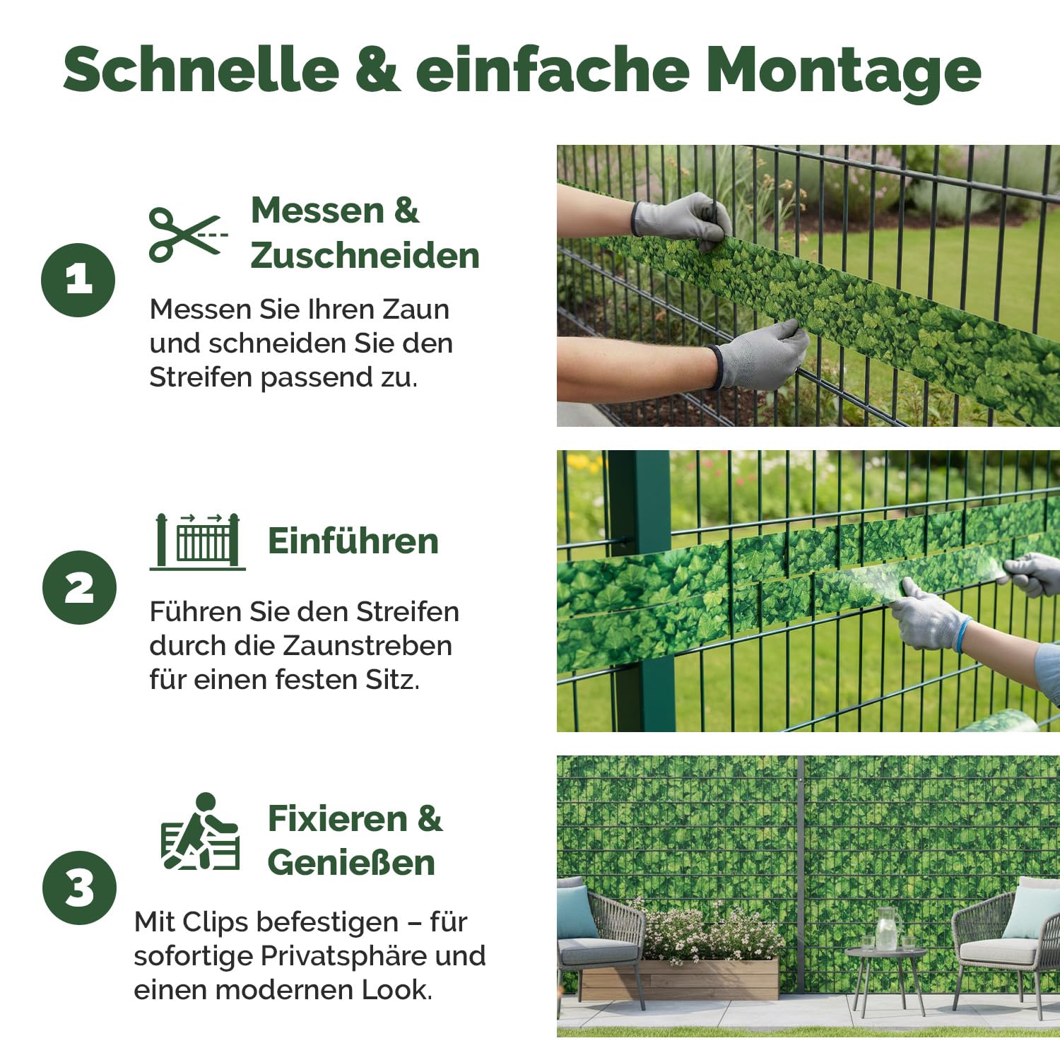 Electronicx PVC Sichtschutzstreifen für Gartenzaun - Efeu, 70m (2 x 35m) x 19cm, Hochwertige 450g/m² UV-beständige Sichtschutzmatten, Außenbereich Sichtschutz mit 40 Clips