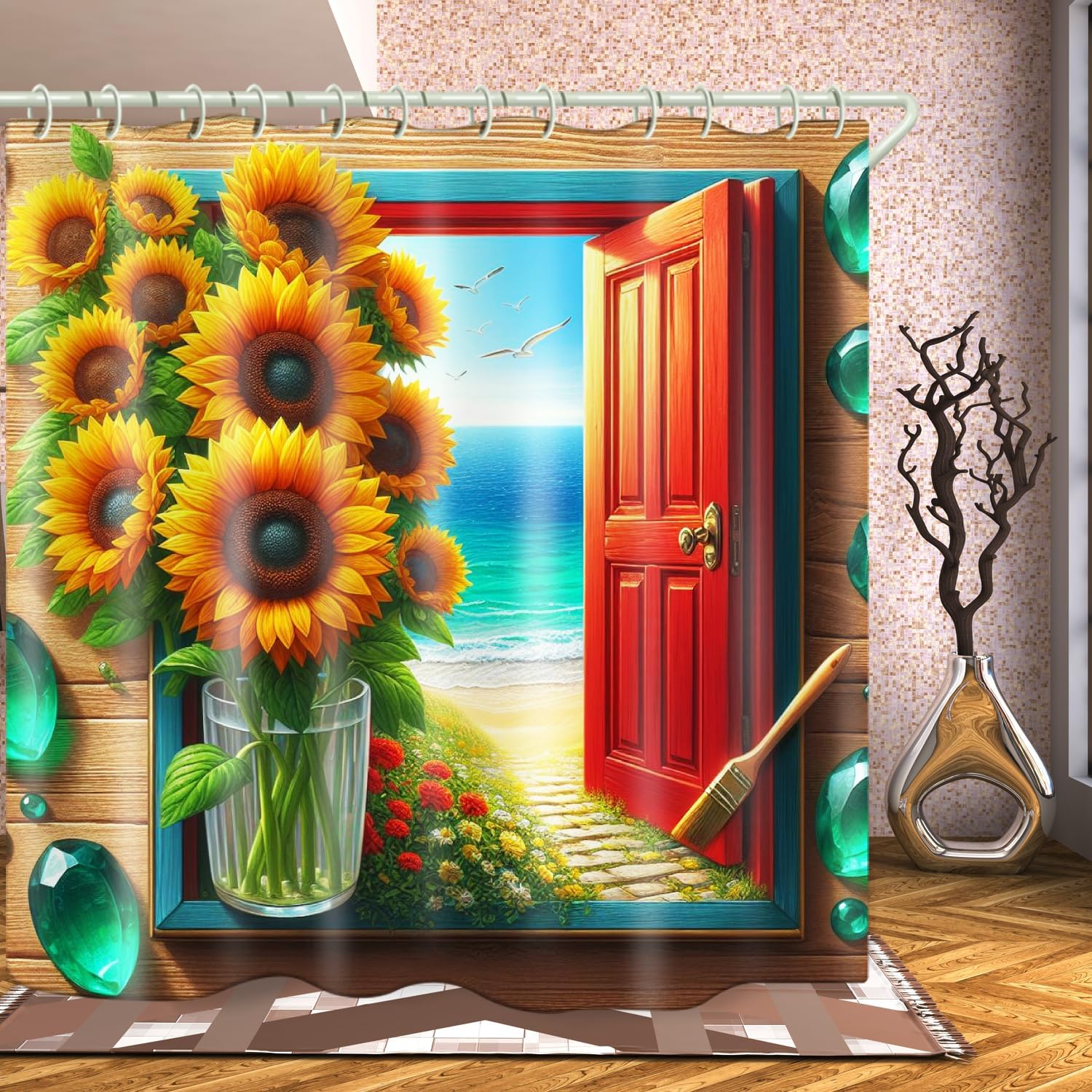 LYFANS Shower Curtain with Sunflower Beach Theme, Colorful