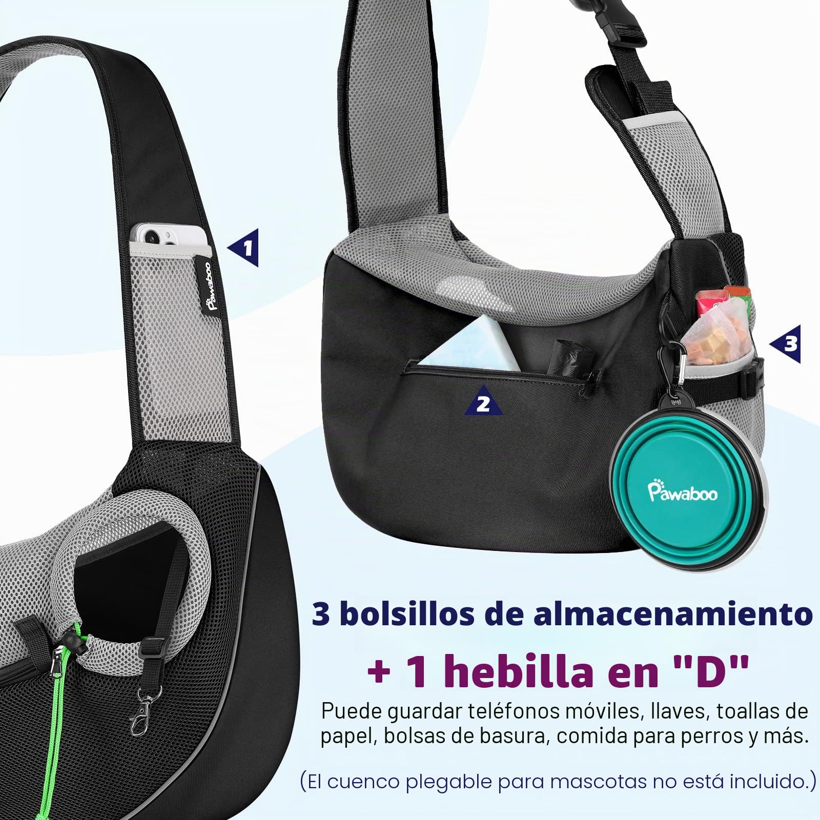 Pawaboo Bolso Bandolera para Perros, Bolsa Portátil para Mascotas con Correa Ajustable y Bolsillos, Bolsa de Mensajero Transpirable Cómoda con para Cachorros Gatitos para Viajar, XL, Negro