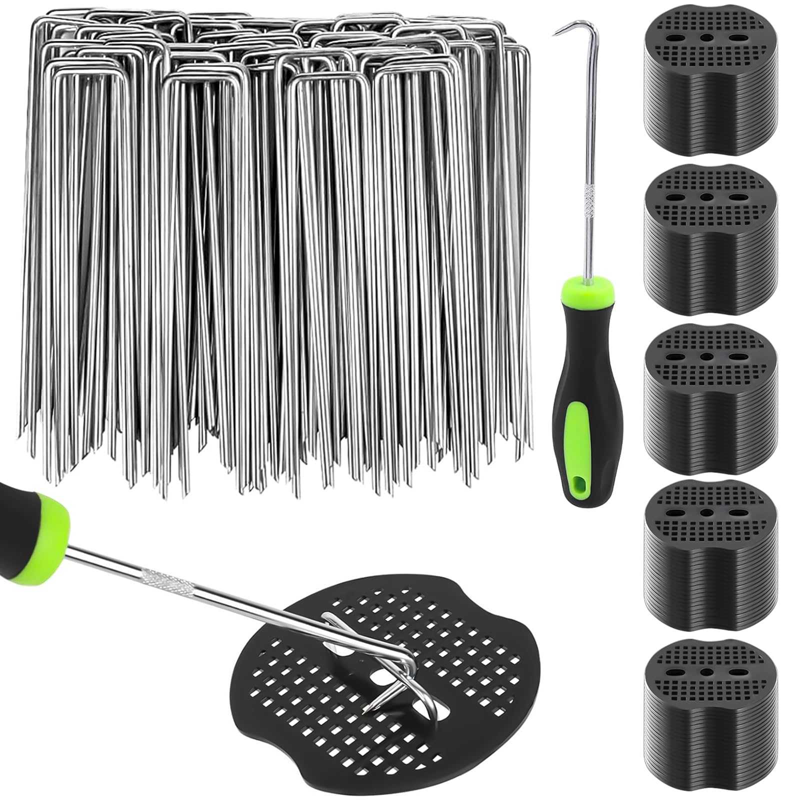 Picchetti Giardino, Picchetti Telo Pacciamatura, 100 Unità + 100 Rondelle +1 Gancio, 150x30x3mm, Da Campeggio, Tenda, in Acciaio, Erba Artificiale, Fissaggio per Campeggio