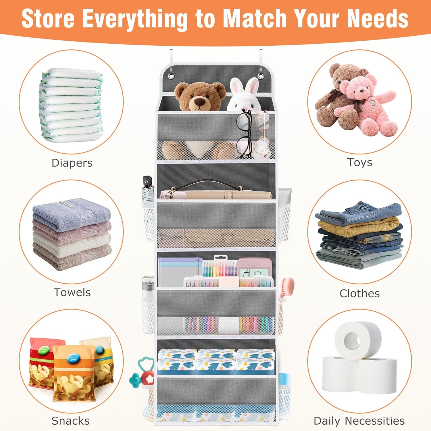 WISELIFE Over the Door Organizer - 4 Shelves Large Capacity Hanging Bedroom Storage Solution with 6 Side Pockets for Dorm Bathroom Pantry Nursery and Baby Essentials Holds up to 40 lbs (Grey) - Image 7