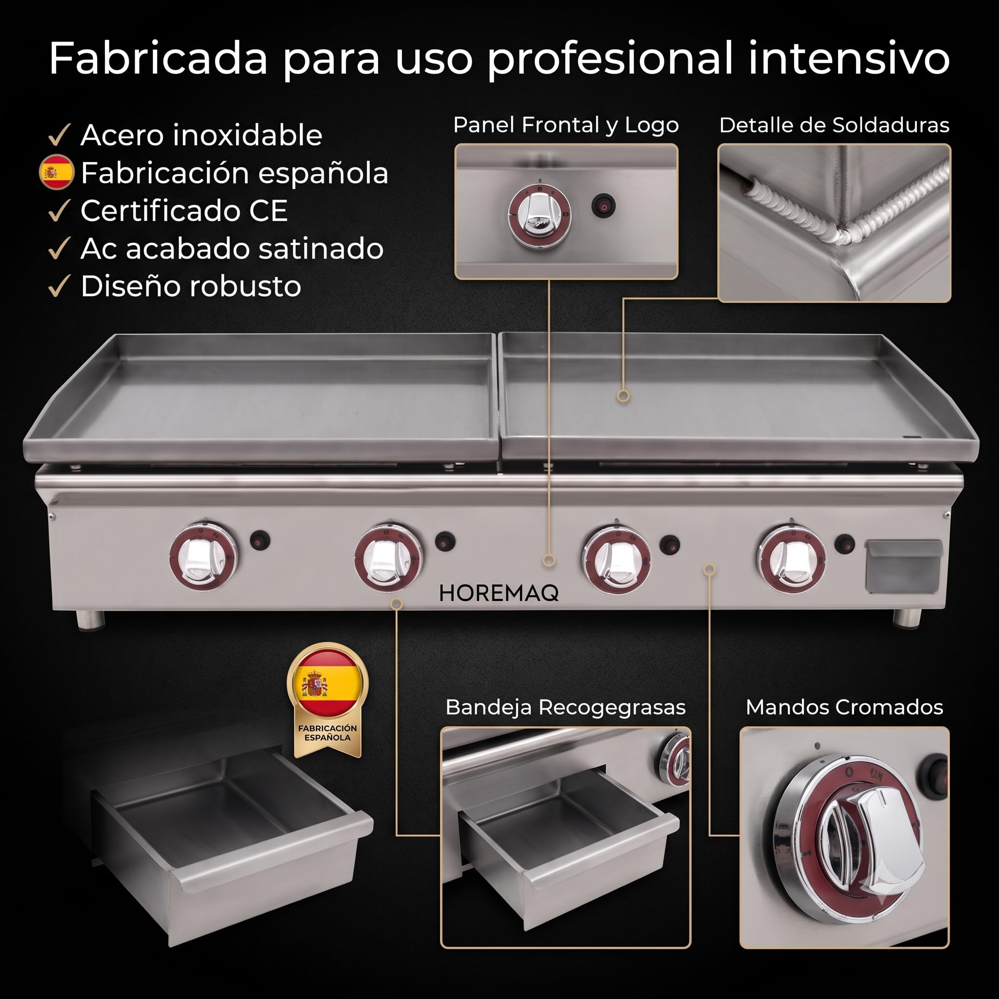 Plancha Gas Butano Profesional DUO, 2 Placas 60 x 40 cm en Acero Laminado 6 mm, 4 Quemadores, 11 kW, Cuerpo Inoxidable, Sobremesa Hostelería, Fabricada en España