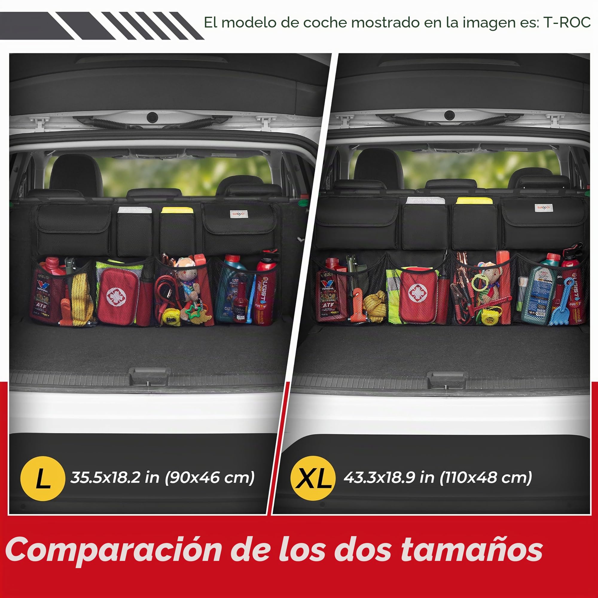 SURDOCA Organizador Coche, 4 Gen 110 * 48 cm Capacidad Extra Grande - XL, Organizador para Colgar en el Asiento Trasero del Coche, Experto en Ahorro de Espacio, Negro