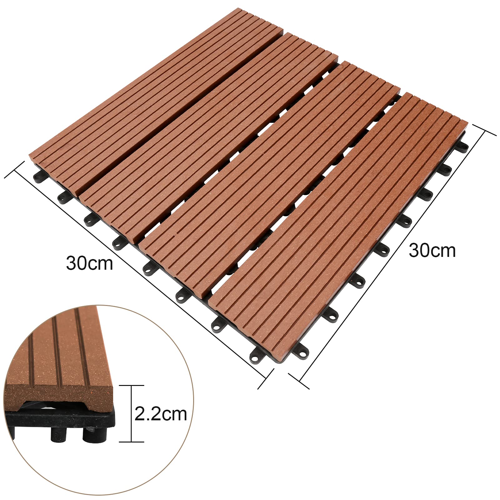 WPC Carreaux de Terrasse 30x30 cm (1m²), Dalles de Jardin Clipsables en Bois Carrelage de sol Dalle avec Système de Drainage pour jardin terrasse Piscine Balcon, Lot de 11, Marron