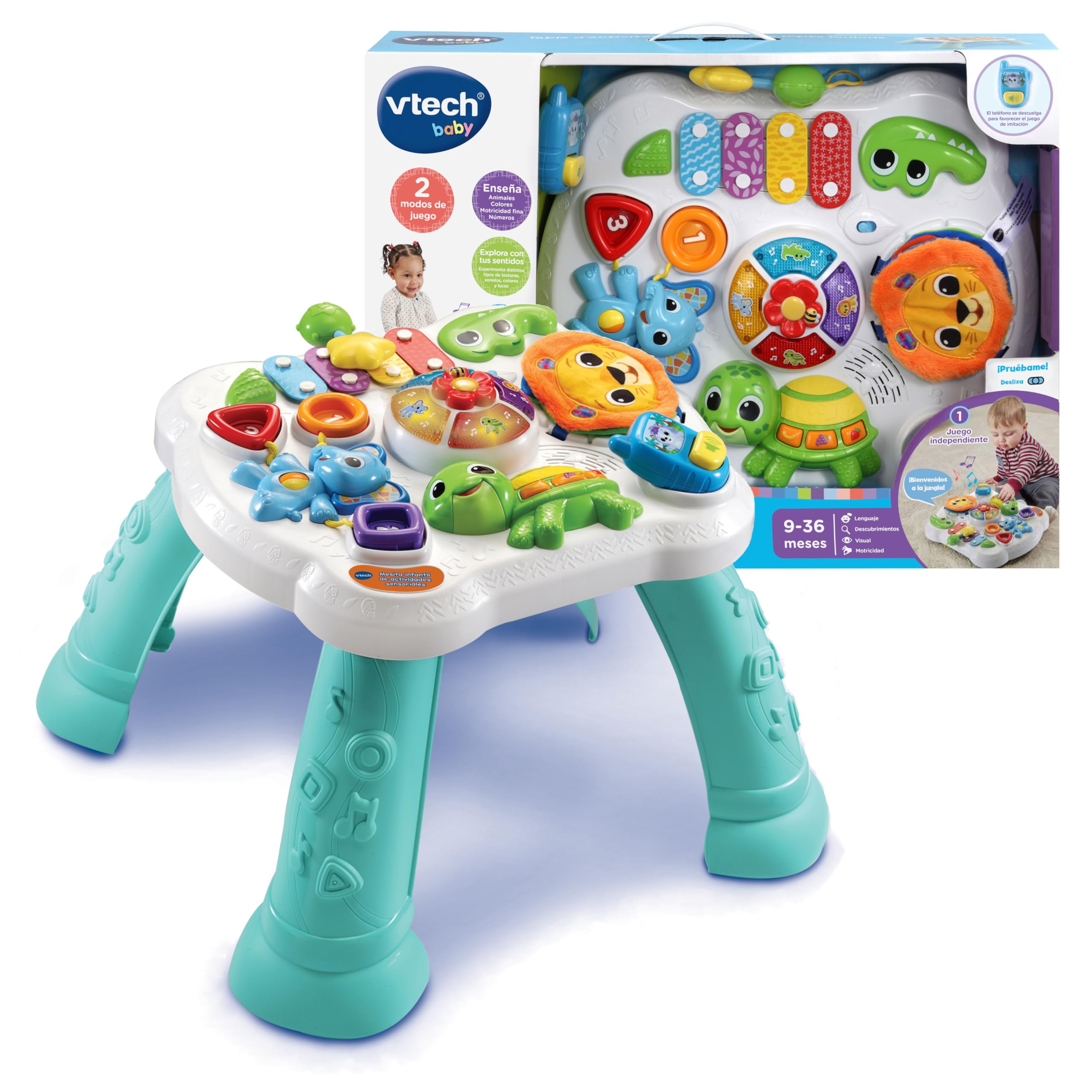 VTech - Mesita Infantil Actividades Sensoriales, Mesa de desarrollo para bebés con múltiples juegos, Panel interactivo extraíble, Actividad musical y evolutiva, Regalo bebés +9 meses, Versión ESP