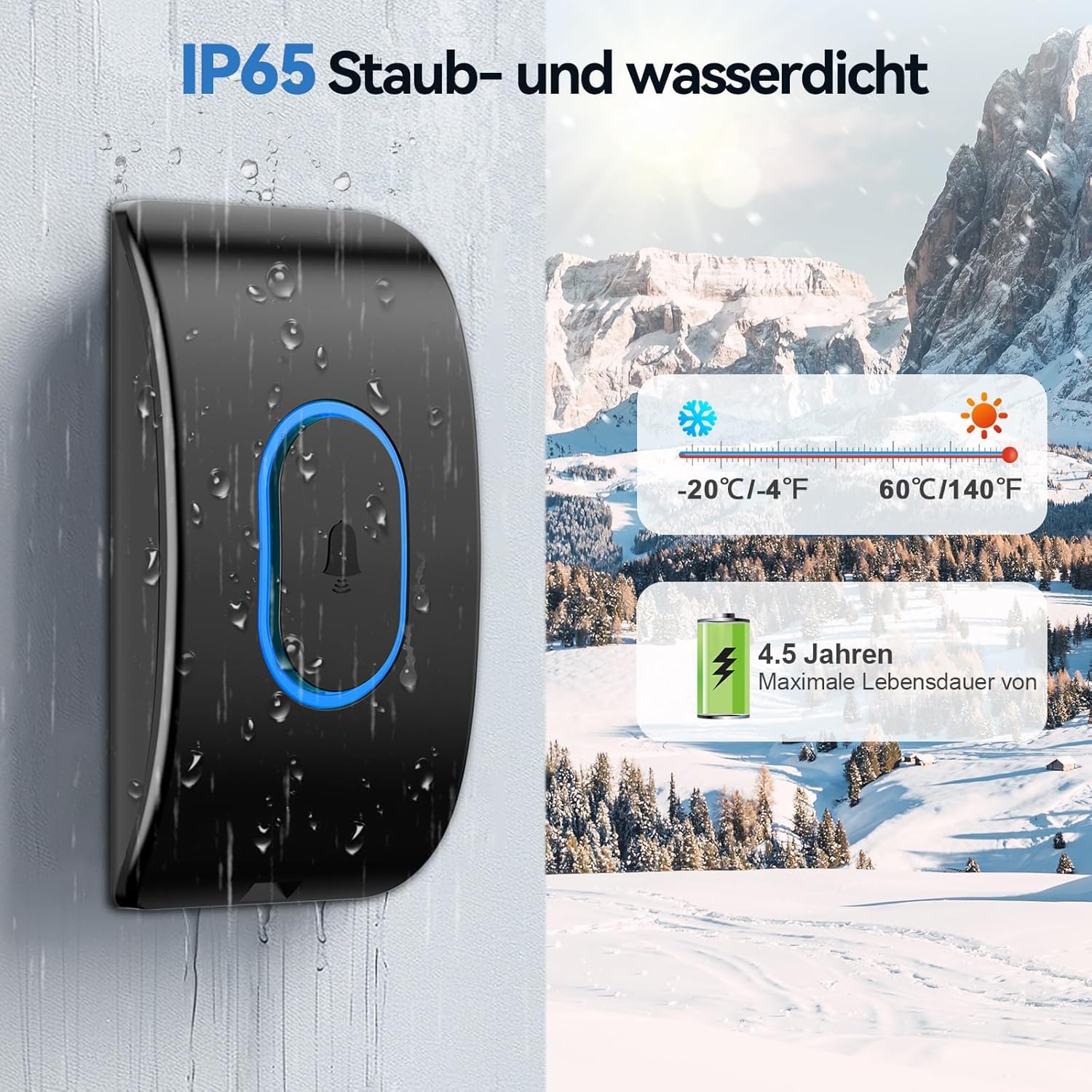 TECKNET Türklingel IP65 Funkklingel Aussen Wasserdicht, 400m Reichweite, Klingelset mit 1 Sender und 3 Empfängern, 5 Lautstärkestufen, 60 Melodien, Funkklingel mit LED-Blitz – Schwarz