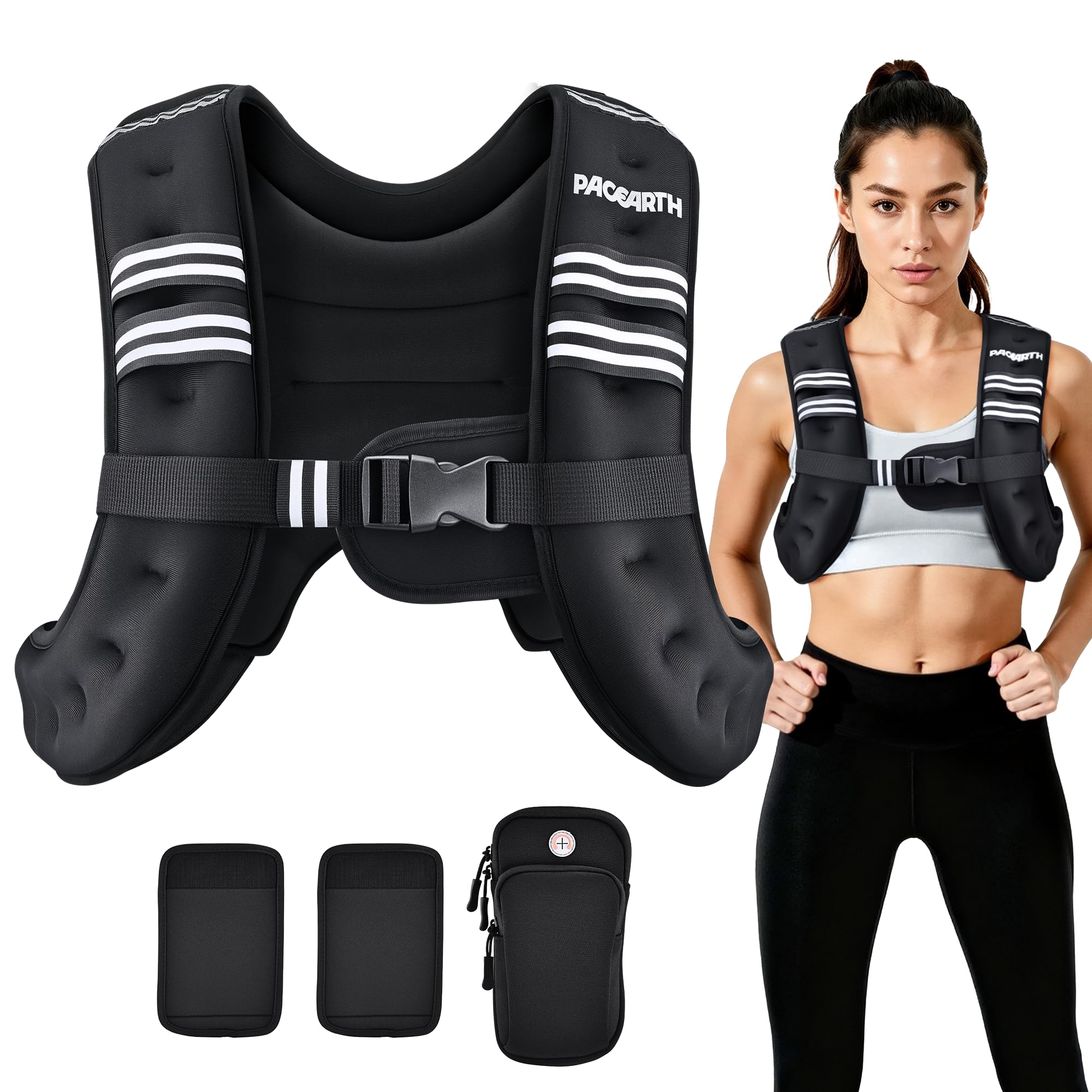 PACEARTH Weighted Vest,6lb/8lb/10lb/12lb/16lb/20lb/25lb/30lb Weight Vest with Reflective Stripe, Body Weight Vests for Women, Men, Weight Loss Workout, Strength Training, Running, Walking, Jogging