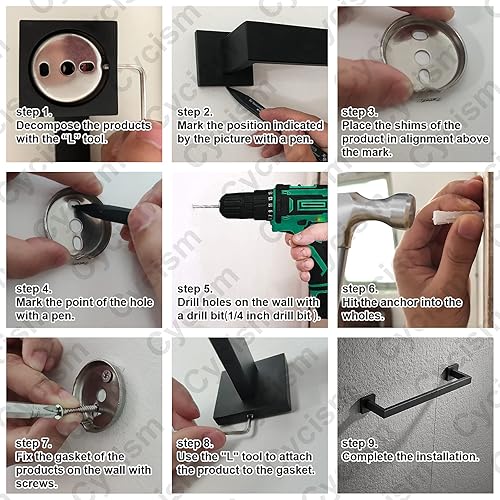 Miniatura 7 de Juego de accesorios de baño, barra de toalla negra mate, estilo cuadrado montado en la pared SUS304 juego de accesorios de acero inoxidable con