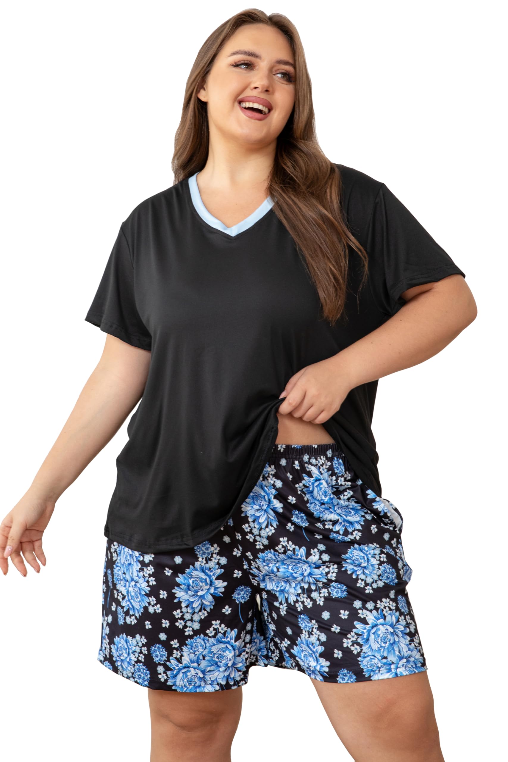 VozanetWomen's Short Sleeve Top and Shorts Pajama Sets Plus Size V Neck Colorful Flower Nighty Loungewear With TWO Pockets