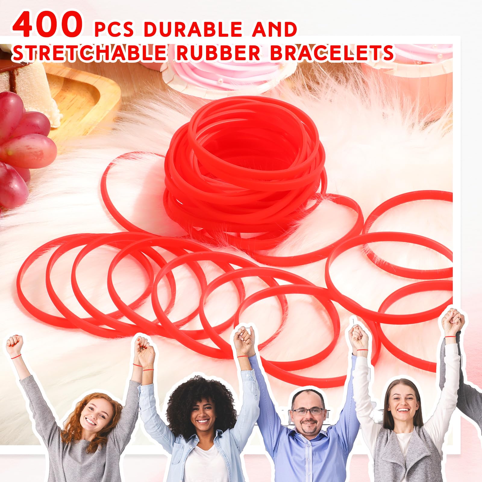 Liliful 400 braccialetti in silicone in tinta unita, in gomma bianca, per sport, elastici, per adulti, uomini, donne, adolescenti (rosso)
