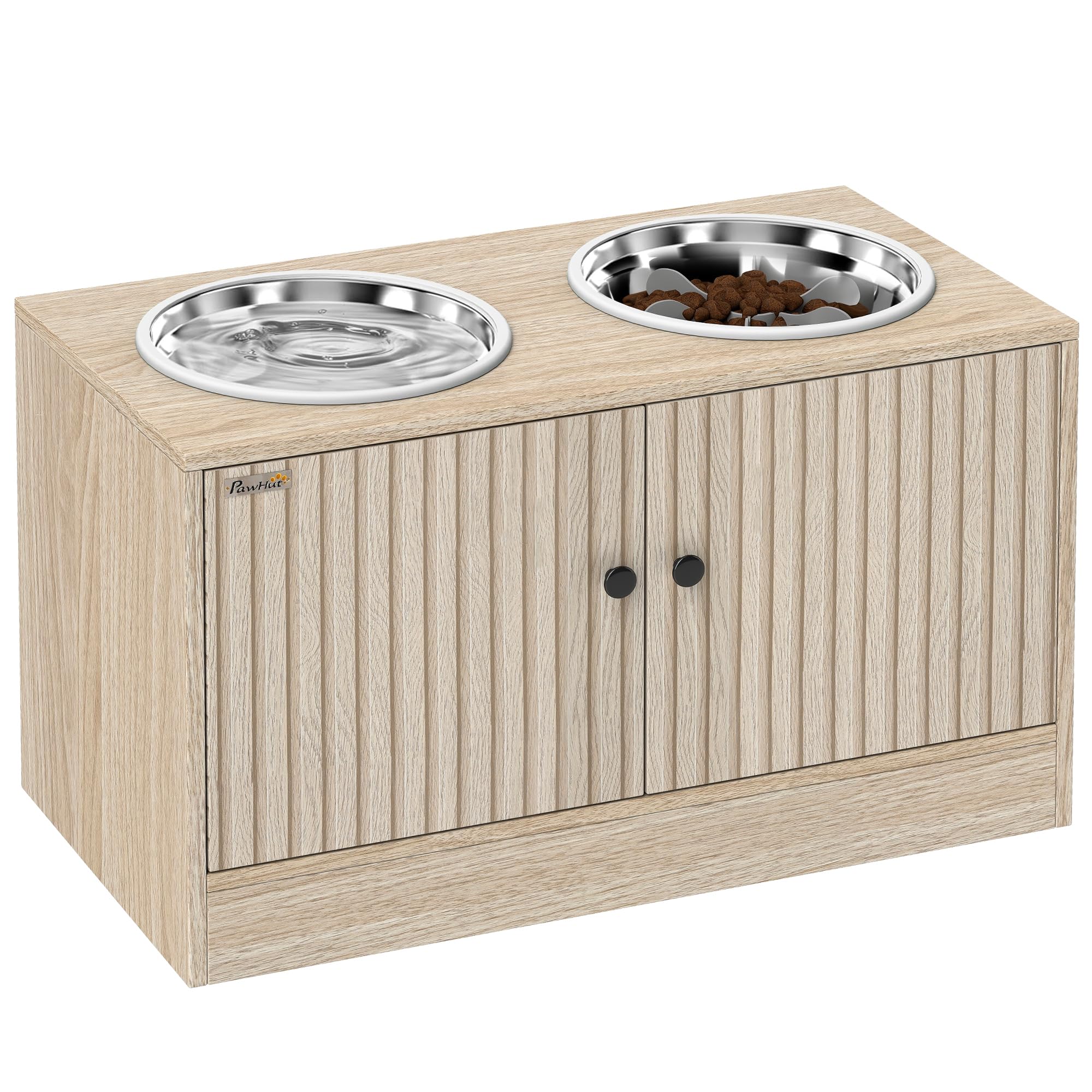 PawHut Comedero Perro Elevado con 2 Cuencos de Acero Inoxidable 2x2000 ml Comedero Lento para Perros Grandes con 2 Puertas, Almacenamiento Oculto, Anillos Antideslizantes, Cuencos Elevados, Roble