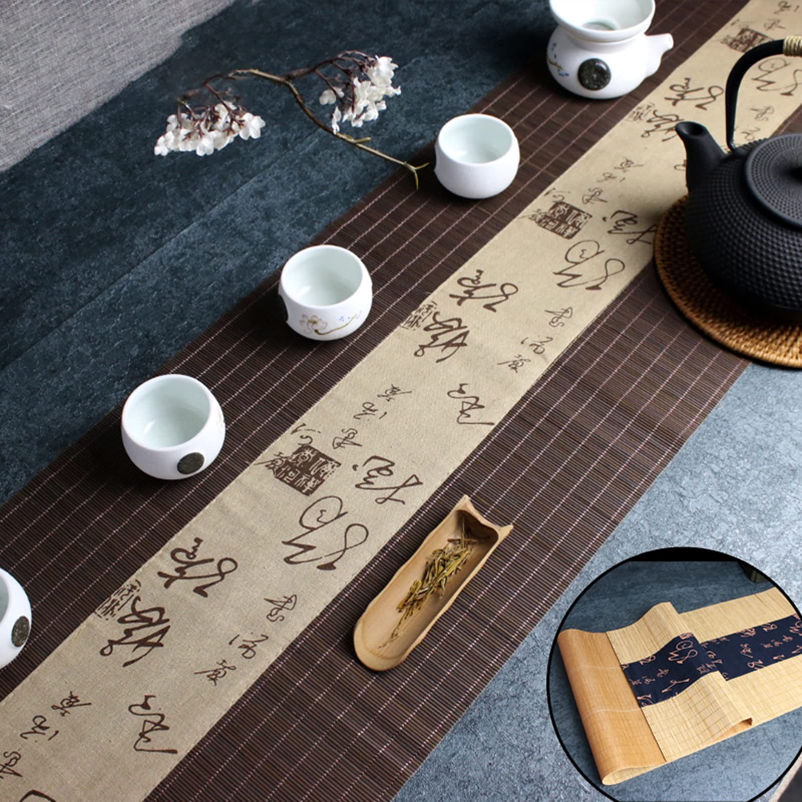 Chemin de table en bambou naturel, Chemin de Table en bambou antidérapant, tapis de salle à manger faits à la main avec décoration en tissu imprimé, facile à nettoyer et dessous de verre(Coffee,12" x
