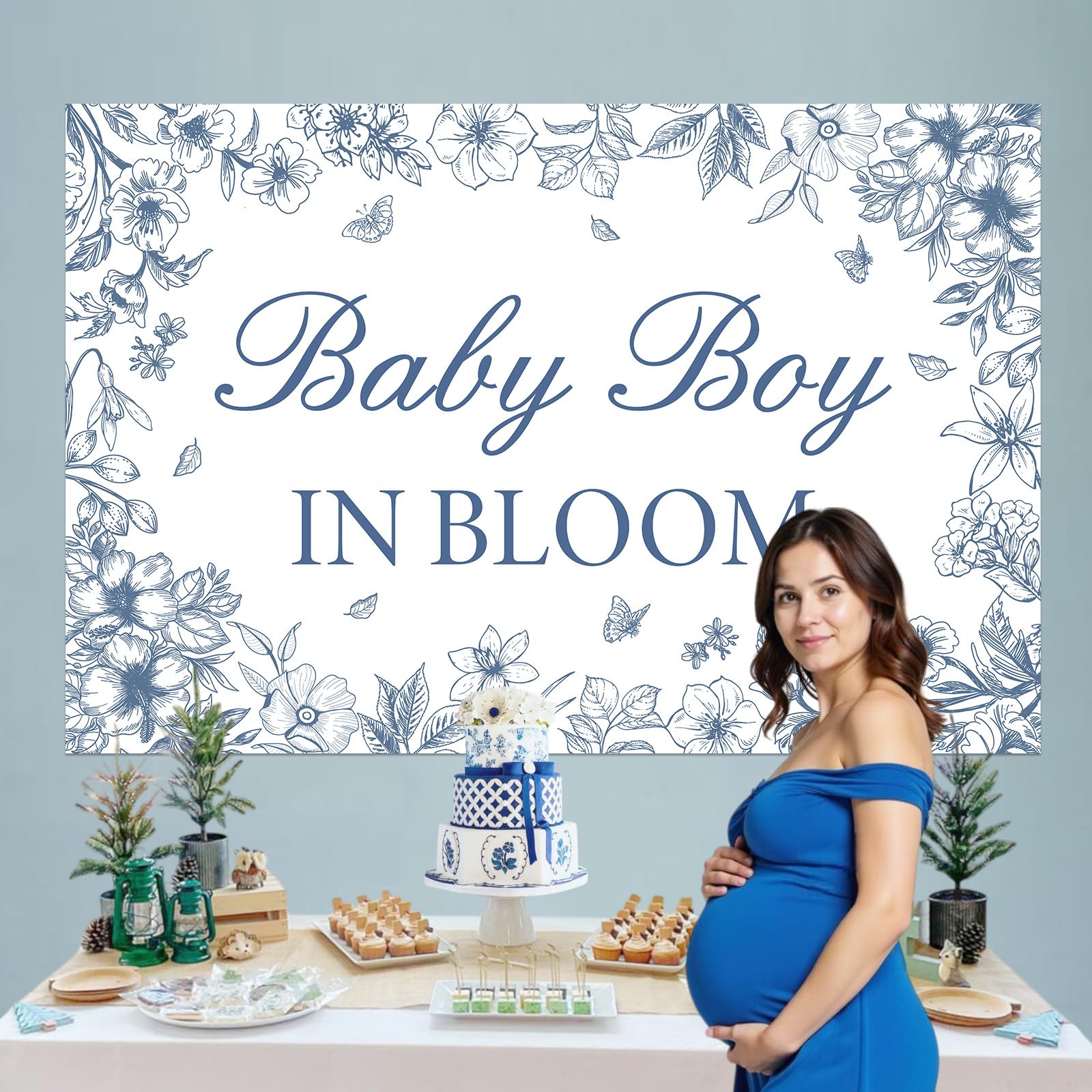 Blue Floral "It's A Boy" Baby Shower Decorations Kit - Banner, Backdrop, Sash, Swirls, Centerpieces - View #2