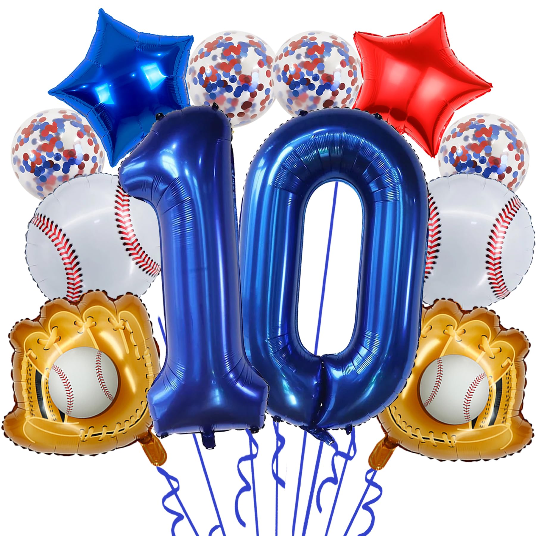 Baseball Birthday Party Balloons, 32 Inch Navy Blue Foil Number 10 Balloon, Baseball Glove Foil Balloon, Red Blue Star Confetti Balloon for 10th