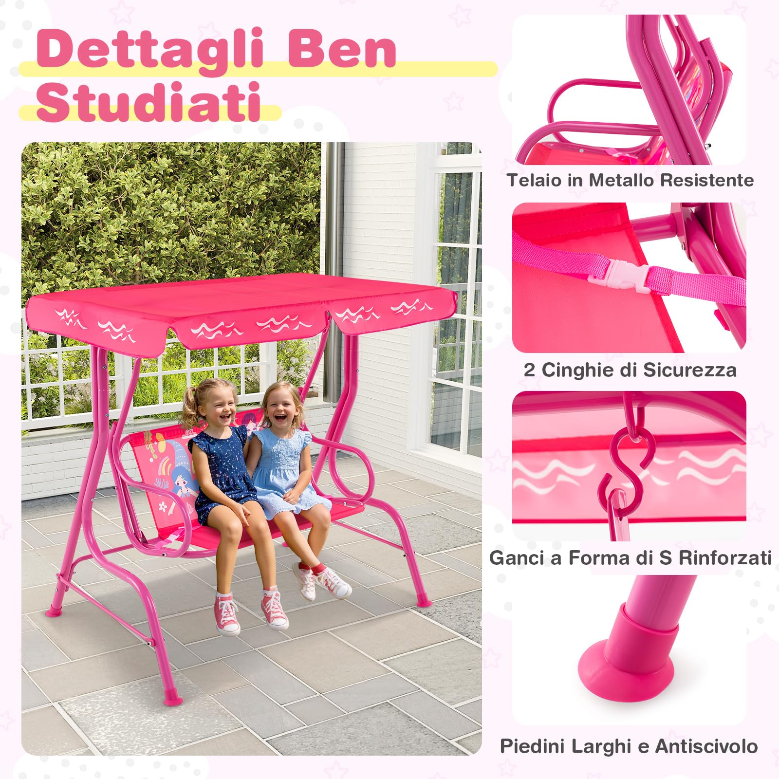 COSTWAY Altalena da Esterno per Bambini, Panchina a Dondolo a 2 Posti con Struttura in Metallo, Tetto Regolabile e Cinture di Sicurezza, per Bambini 3+Anni, Portata 80 kg (Rosa)