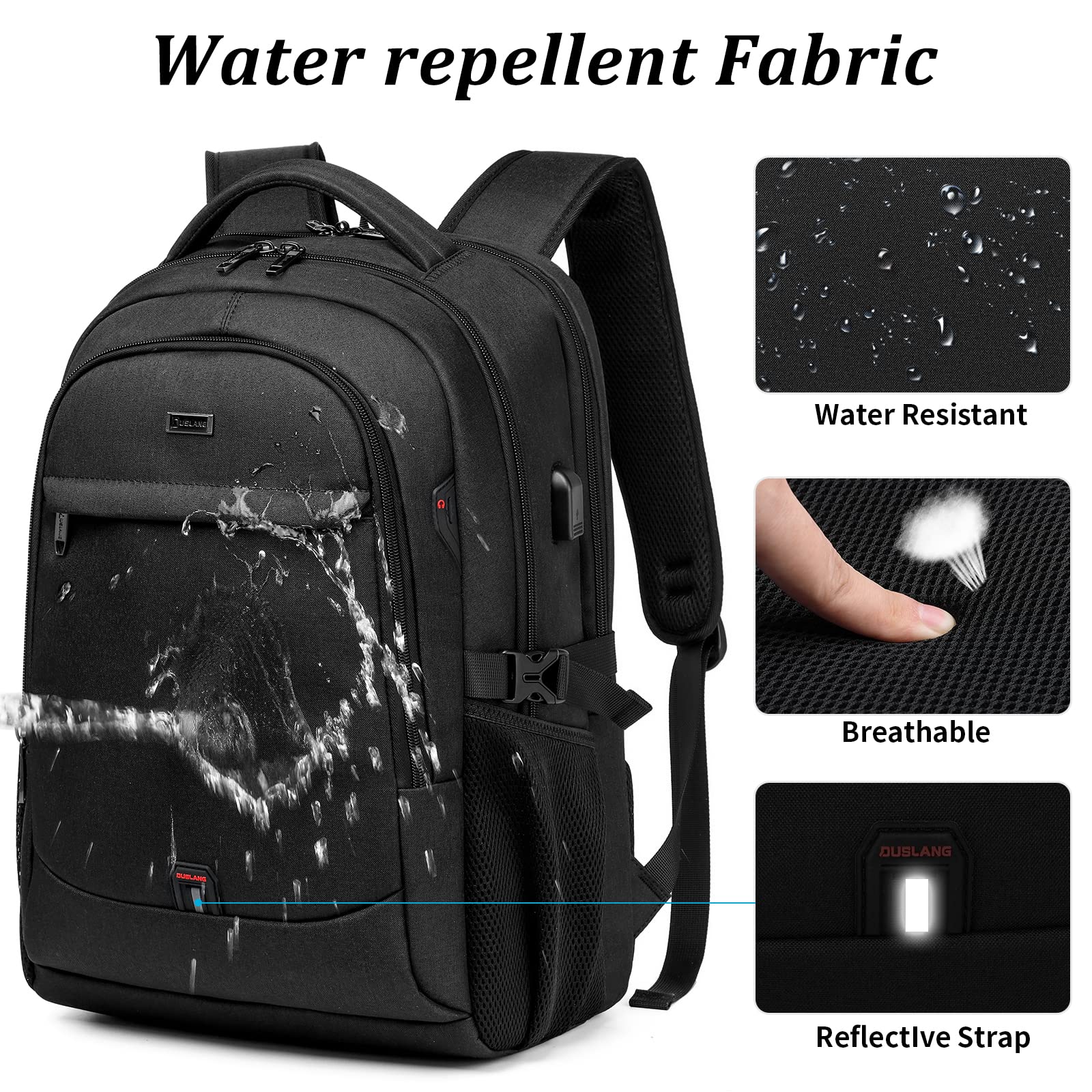 DUSLANG 17 Inch Laptop Backpack for Travel with Backpack Rain Cover College Backpack for Men Laptop Bag with USB Charging Port,Black