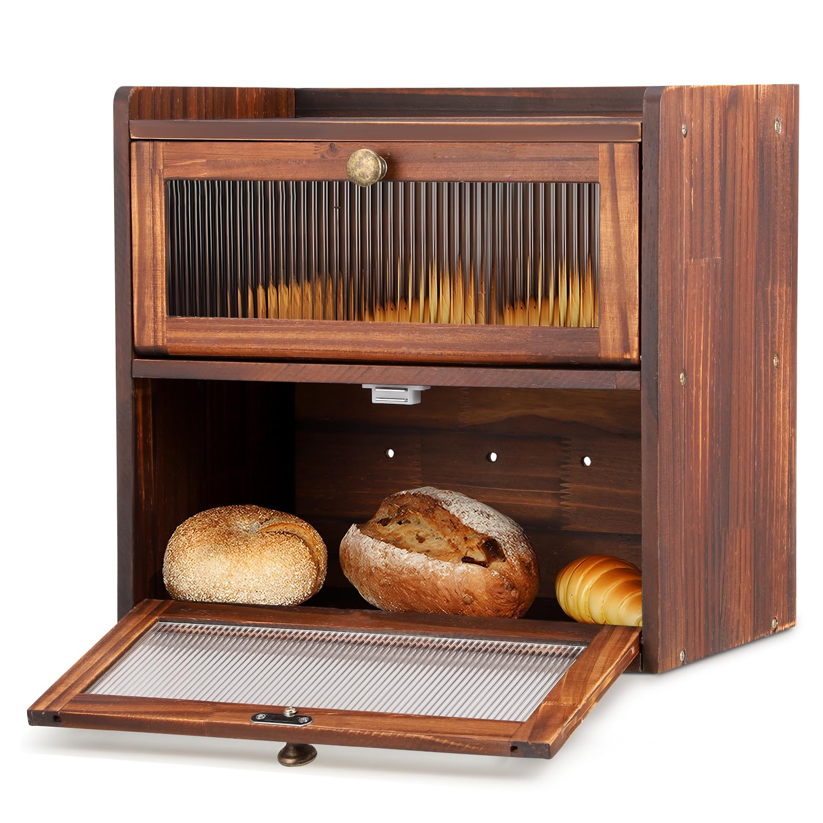 Contenitore per il Pane Doppio Strato per il Piano di Lavoro della Cucina, Portapane in Legno con Finestre, Scatola per Alimenti Secchi con Prese D'aria per Mantenere il Pane Fresco(Marrone)