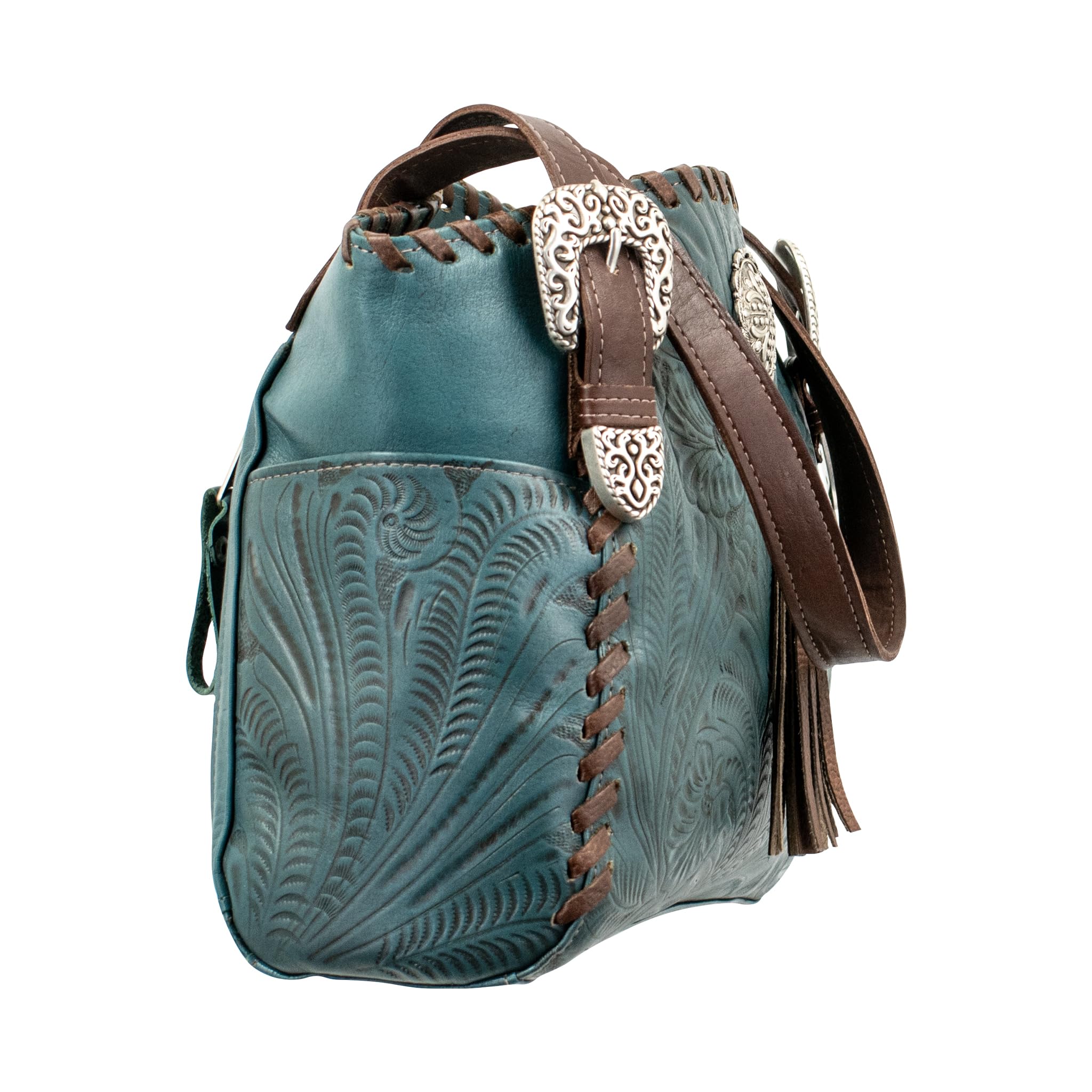 American West Hand Tooled Handcrafted 100% Leather Multi-Compartment Tote | Concealed Carry Pocket on Back | Purse for Women | Conceal Carry: Turquoise