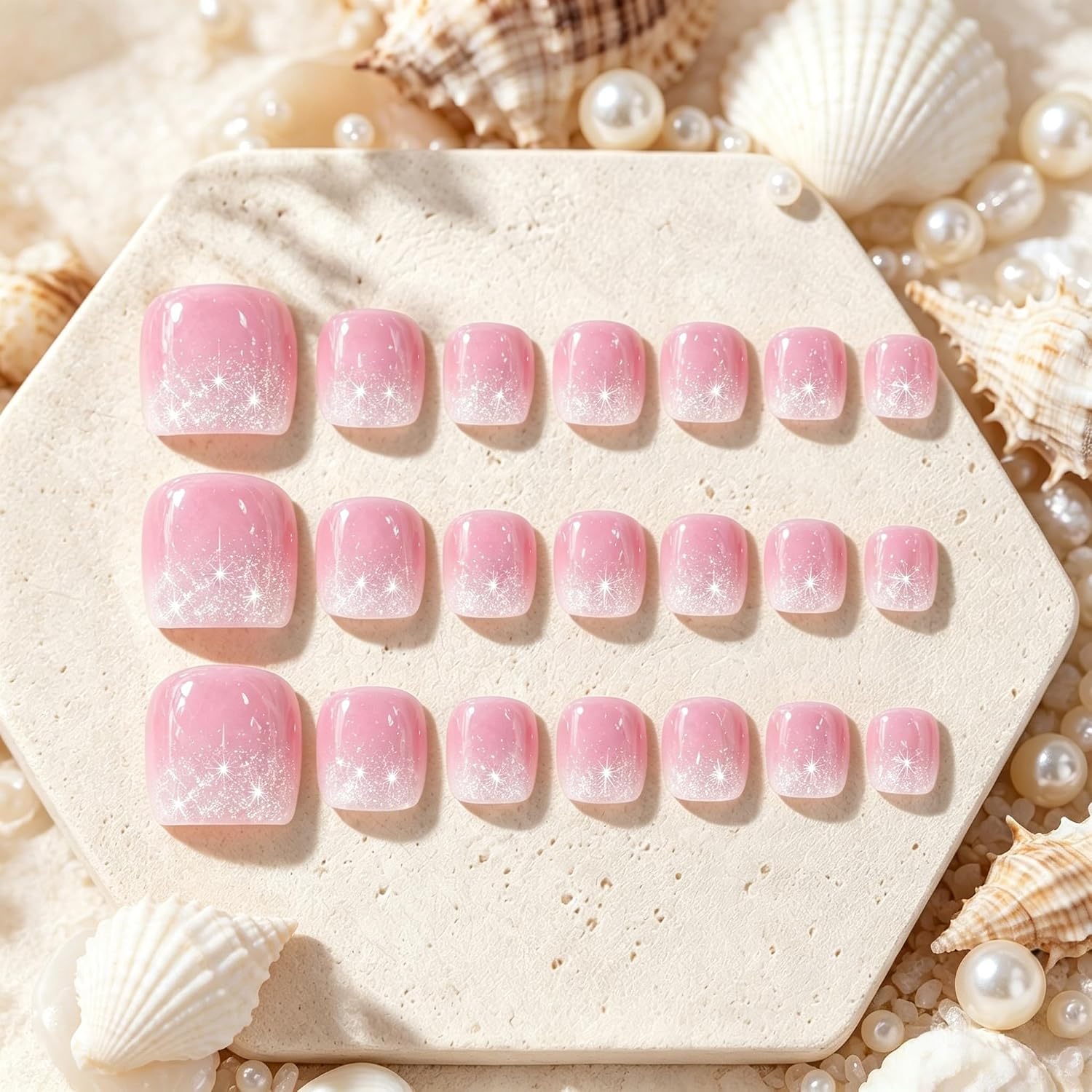 KQueenest Ombre Pink Toe Press on Nails Short, Glitter French Press on Toenails Square, Cute Designed Fake Toe nails for Women Summer, Reusable Toe Acrylic Nails 24 Pcs