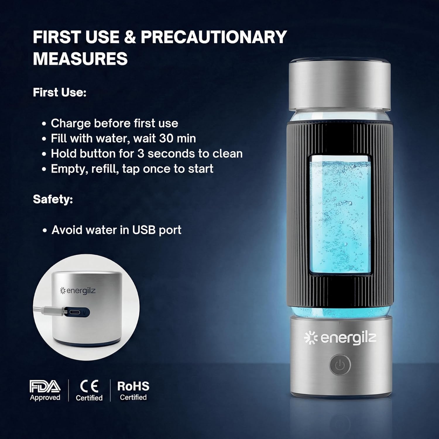 Hydrogen Water Bottle | Large 16.2 oz (480 ml) Hydrogen Water Bottle Generator 3000ppb | Hydrogenator Machine | SPE/PEM Hydrogenated Ionizer Generator (Steel w/Black)