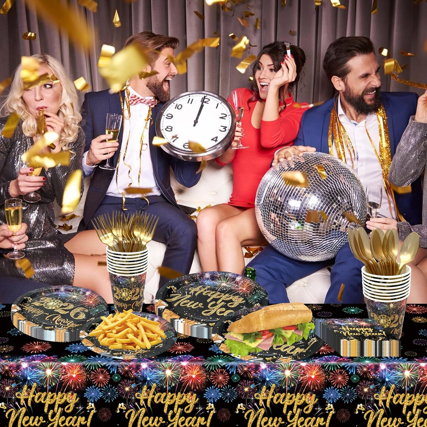 144Pcs Happy New Year Party Supplies Tableware Set, 2026 New Year Disposable Dinner Paper Plates Napkins Fork Spoon for New Year's Eve Party Supplies
