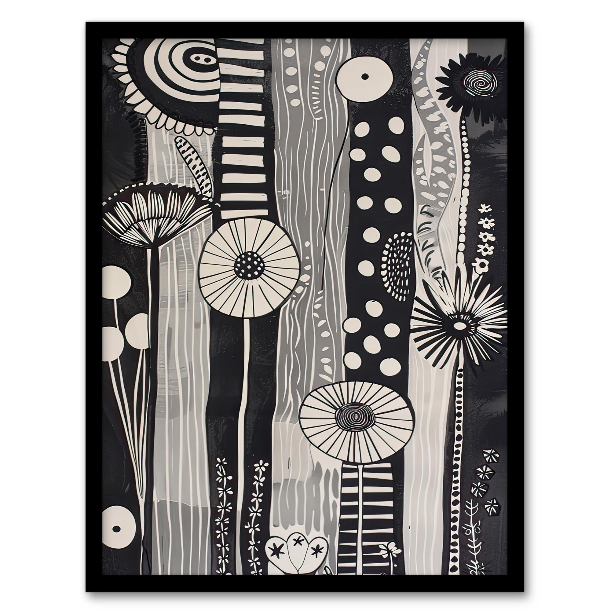 Artery8 Black White Abstract Stripes Wildflowers Artwork Living Room Artwork Framed Wall Art Print A4