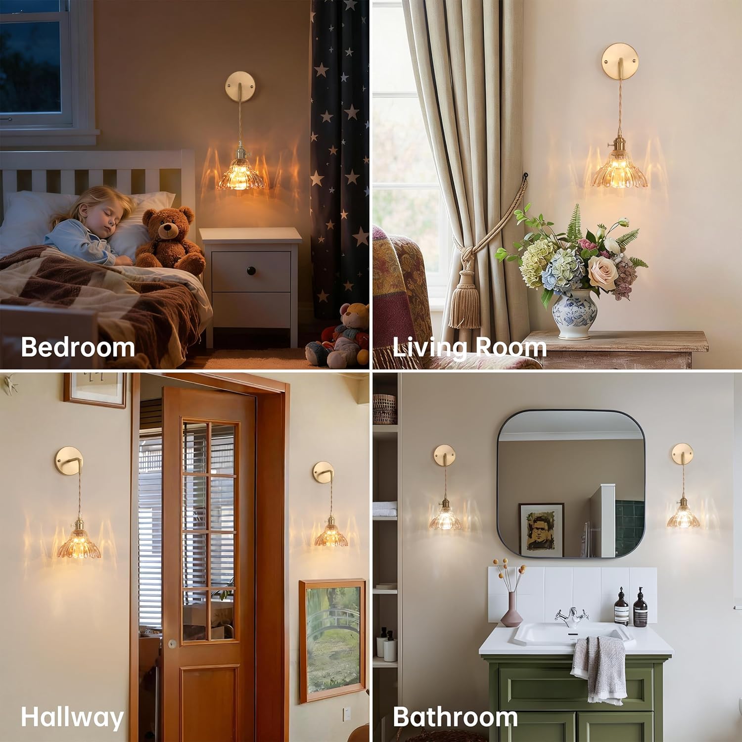 Vintage Battery Operated wall sconces Set of 2, Wall Lamps with Amber Lily of the Shade Pattern Glass, Adjustable Chain Gold Wall Lights, sconces wall Decor for Stairway Living Room Doorway