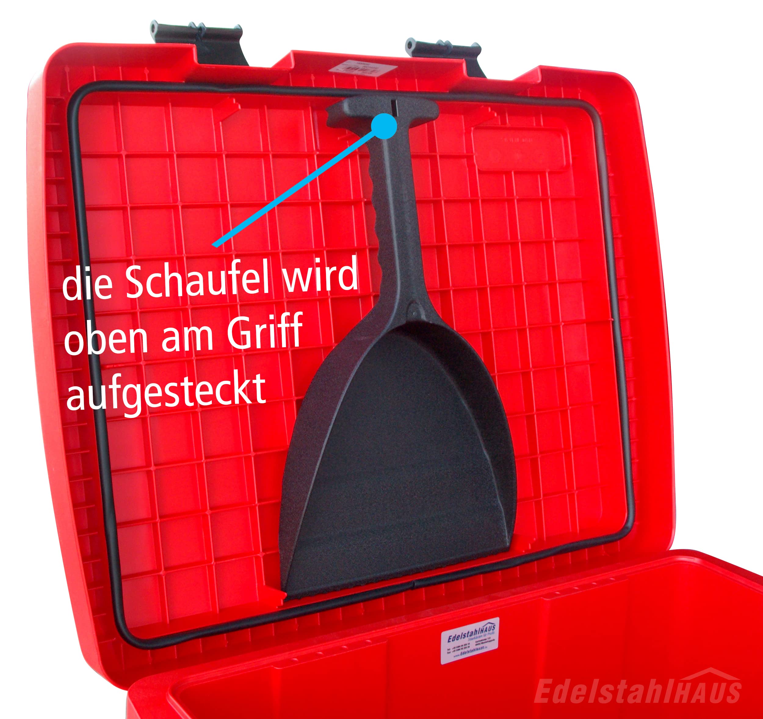 DAKEN Streugutbehälter 108 ltr. ROT, Streugutbox, Streusalzbox, Sandbox, Lagerbehälter, Pick-up Box, Anhängerbox, Deichselbox, Streukiste, Salzlager, Winterdienst mit Schaufel