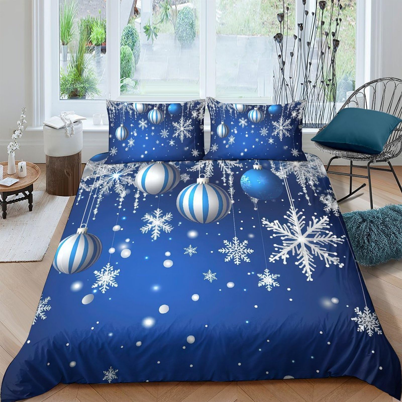 Ctjqhvkz Style-2 3D Printed Blue Snowflake Fitted Sheet Microfiber Soft Christmas Ornament Bed Cover For Bedroom Guest Room Decor Single（135X200cm）