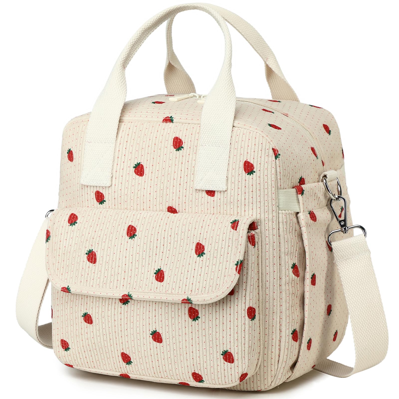 Strawberry Lunch Bag for Women Family-Friendly Corduroy Insulated Tote Large Crossbody Cooler with Adjustable Strap Reusable Lunch Box