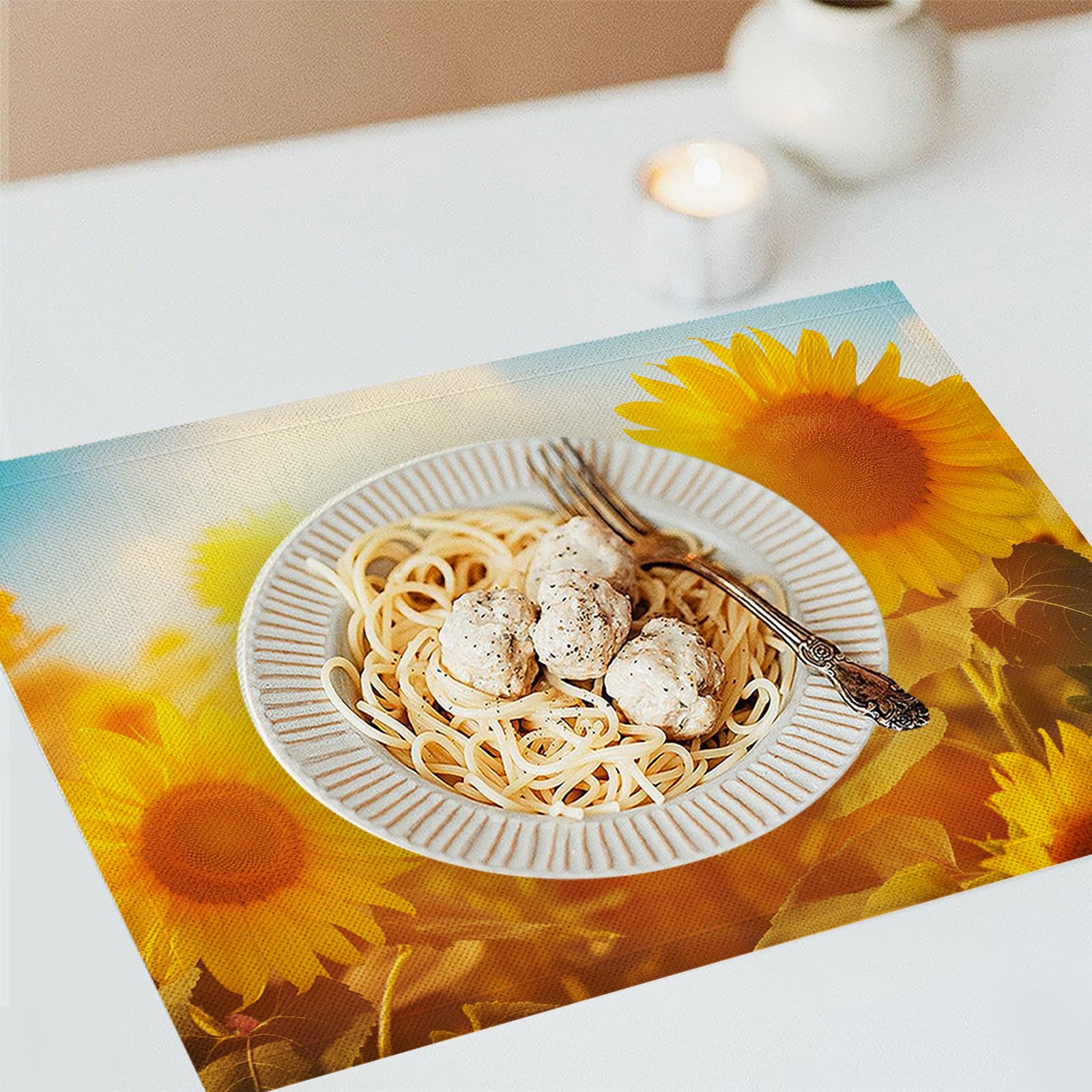 Set di 8 Tovagliette Americane Lavabili Cotone Lino Fiori - Tovaglietta Americana Resistenti al Calore Durevole Girasole - per Colazione Pranzo 30×45 cm