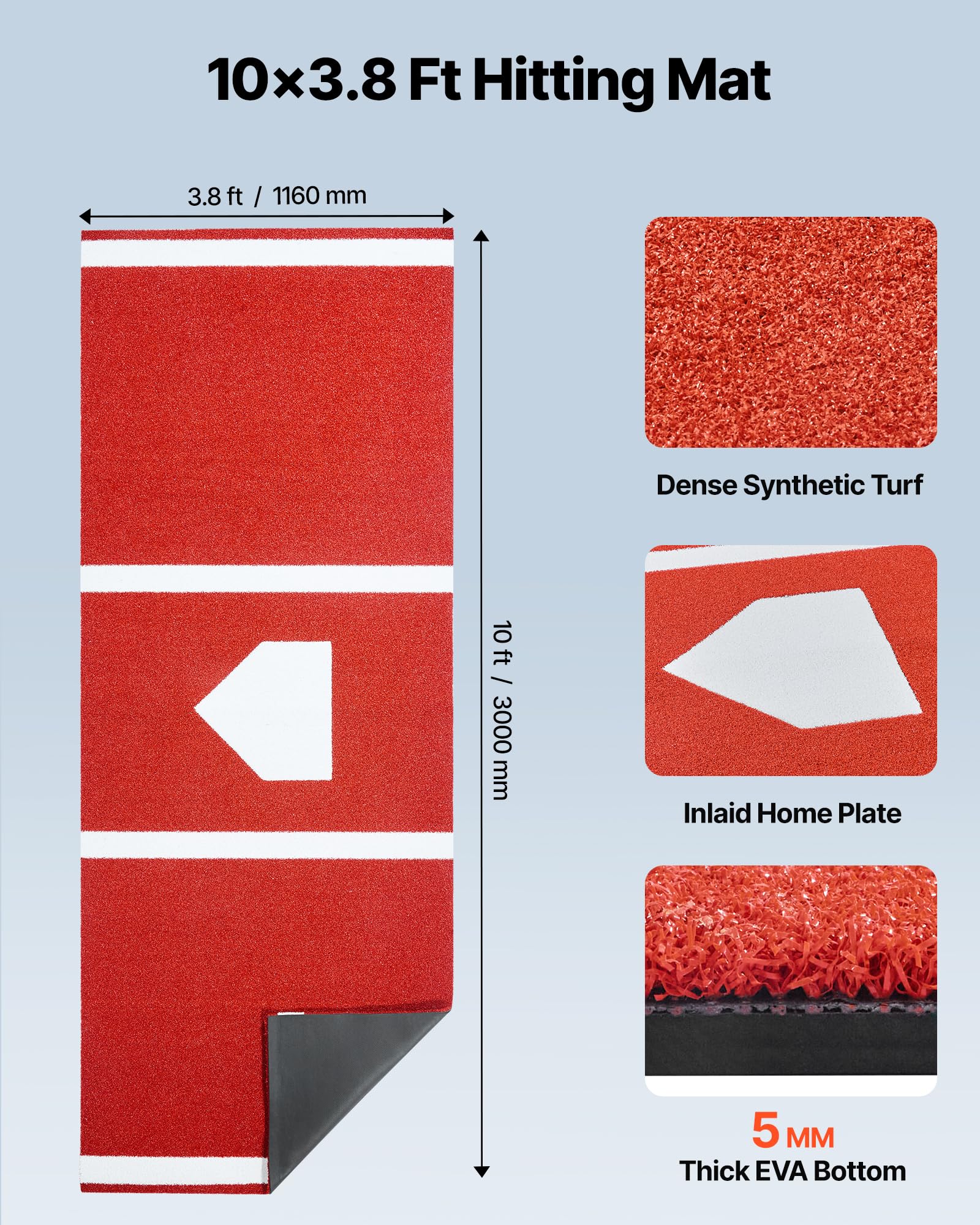 VEVOR Tapis de Frappe Baseball 300x116 cm Gazon Synthétique Anti-décoloration Entraînement Softball Rouge