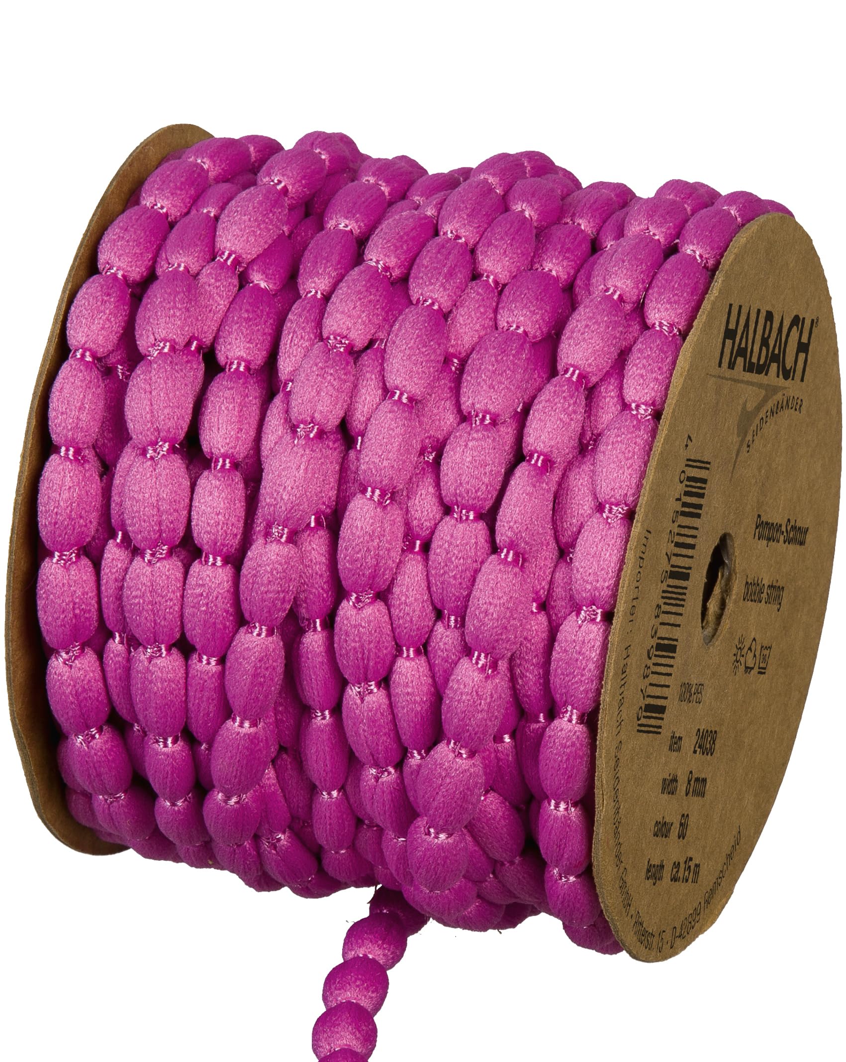 Halbach Seidenbänder Pompom Borte | Breite 8mm Länge 15m | Band mit Bommeln als Pompons-Girlande, Hochzeitsdeko, Gartenparty Deko | Farbe: moosgrün