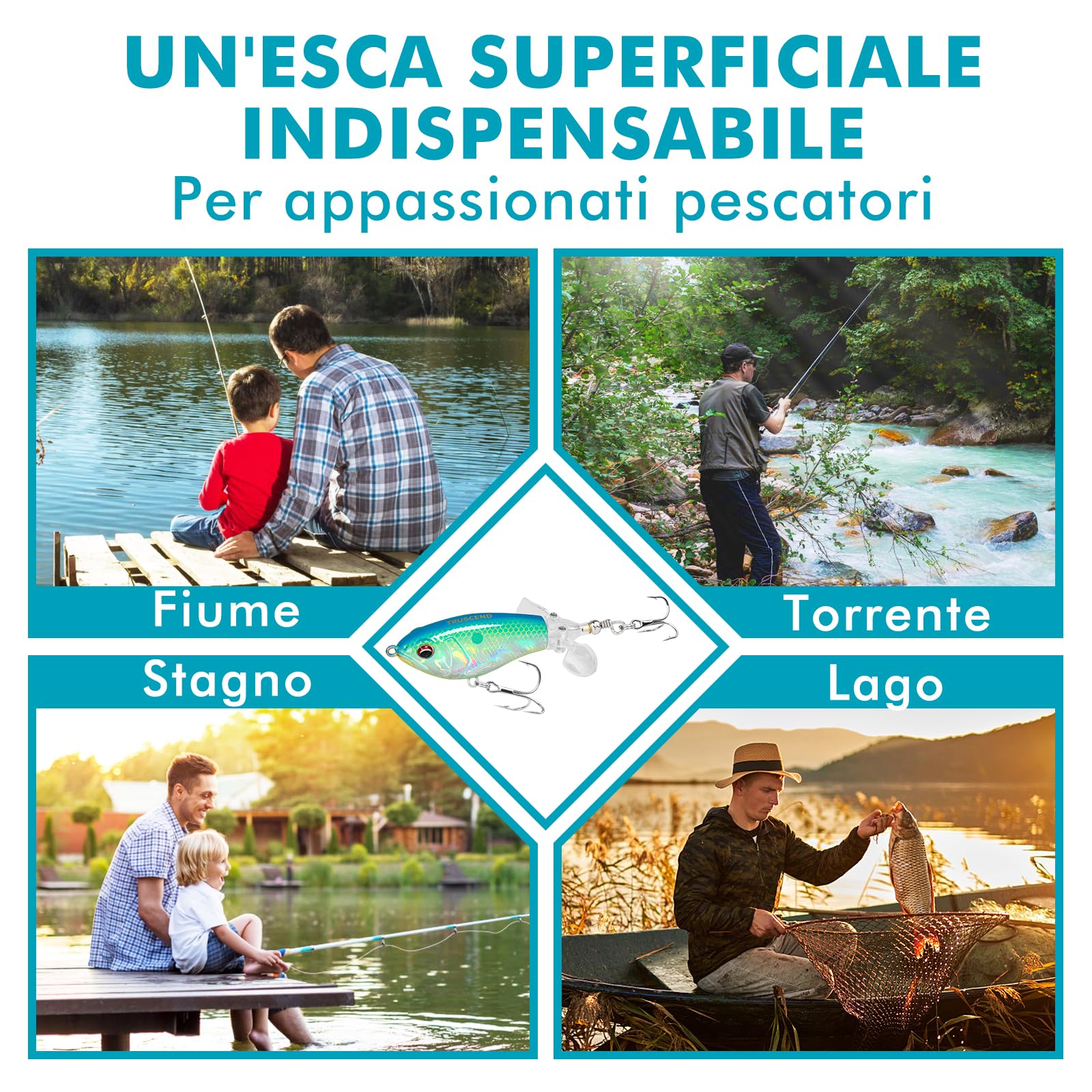 TRUSCEND Esche da Pesca in Superficie con ami BKK, Esca Plopper per Acqua Dolce o Salata, Esche Galleggianti per persici pesci gatto e lucci, Esche per la Pesca al Black Bass, Regali di pesca per uomo
