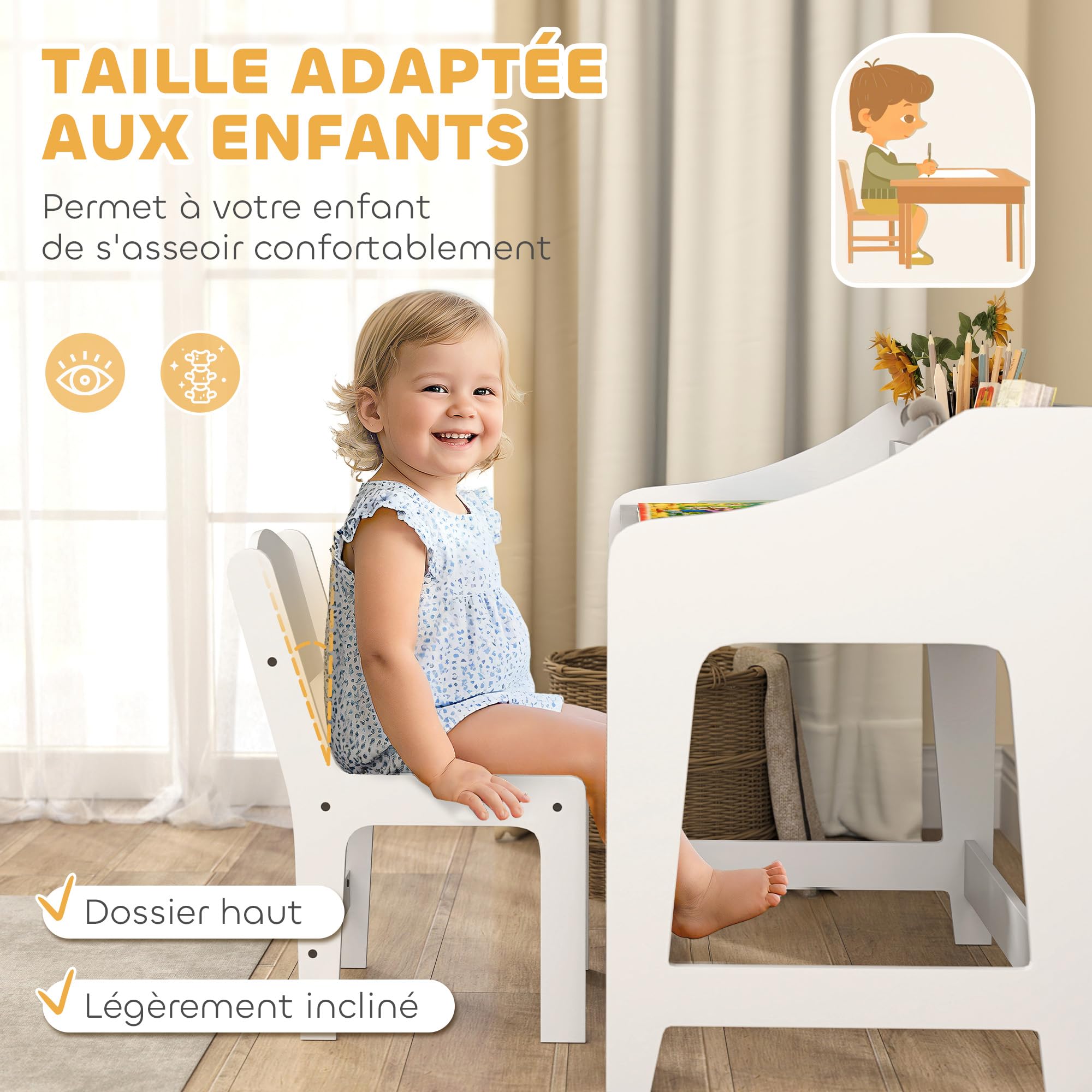 AIYAPLAY Conjunto de Escritorio y Silla para Niños de 3 a 8 Años con Compartimentos Abiertos y Estantes para Dormitorio, Sala de Juegos, Habitación, Blanco