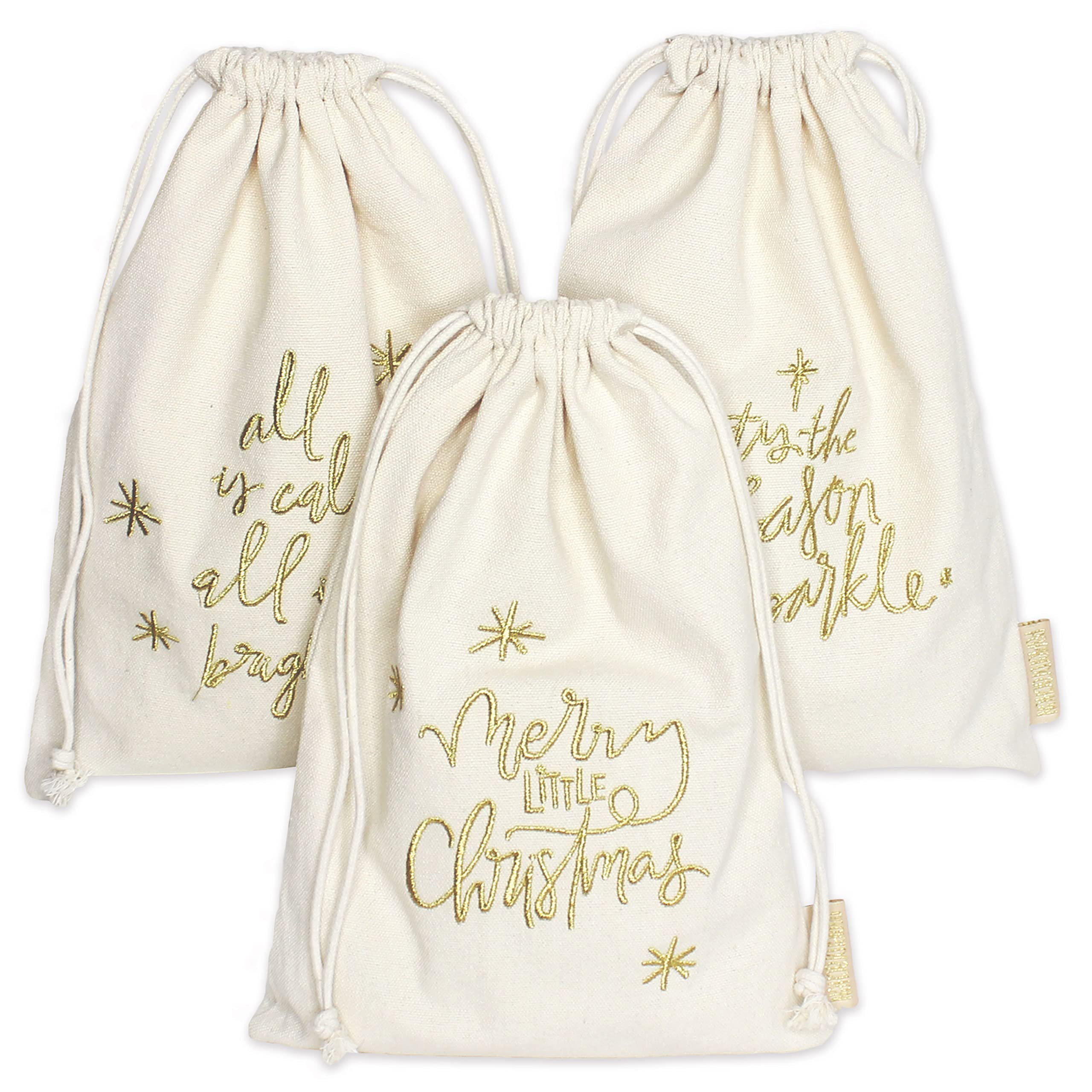 Papierdrachen Geschenksäcke Weihnachten 3er Set mit goldener Bestickung | Beige Beutel 20x30 cm - zum Befüllen - kleine Überraschungen - Für Groß&Klein - weihnachtlich beschriftet - Wiederverwendbar