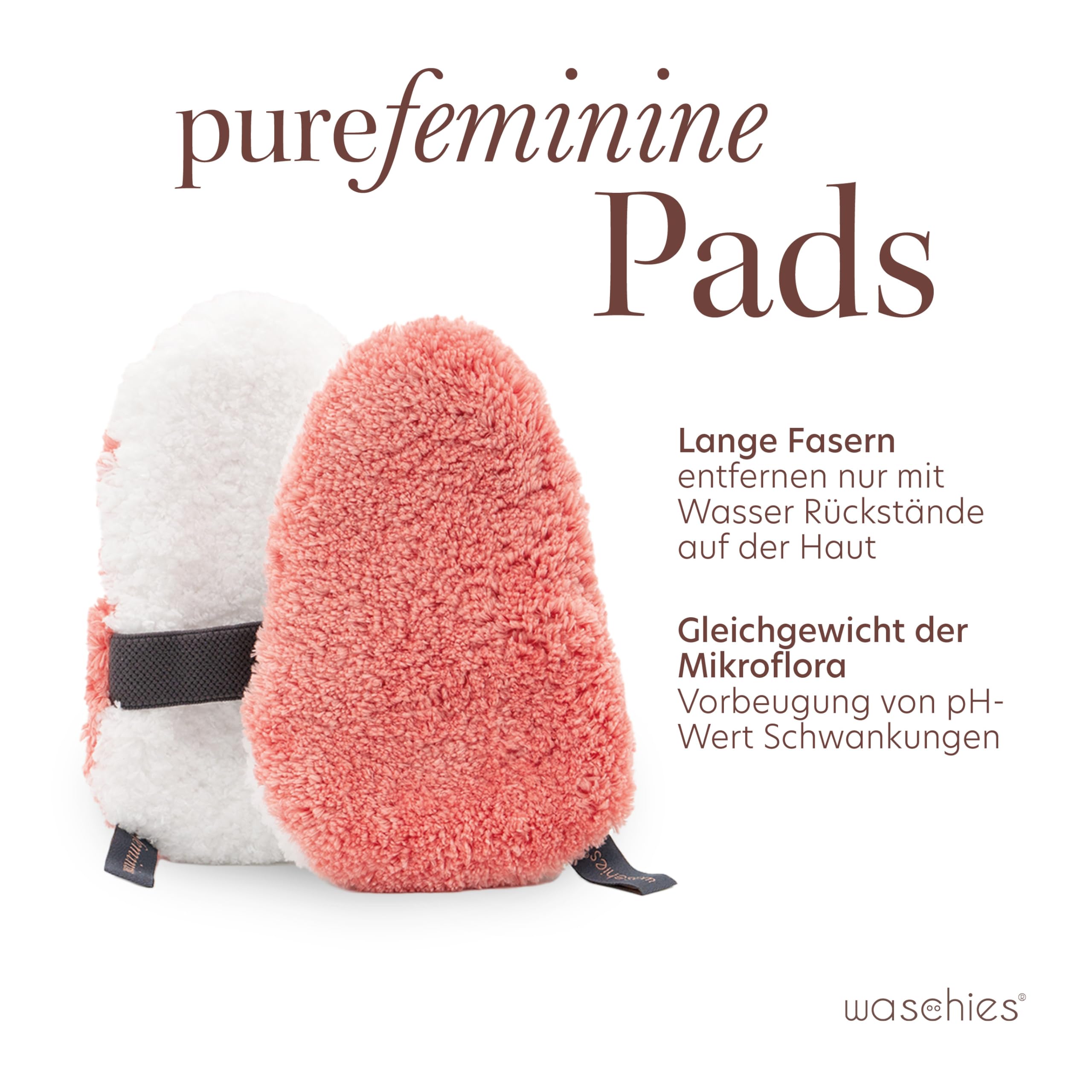 Waschies "pureFeminine", set da 2 pezzi, pulizia delicata per pelli sensibili nelle zone intime, pH neutro e ipoallergenico, lavabile, riutilizzabile e sostenibile
