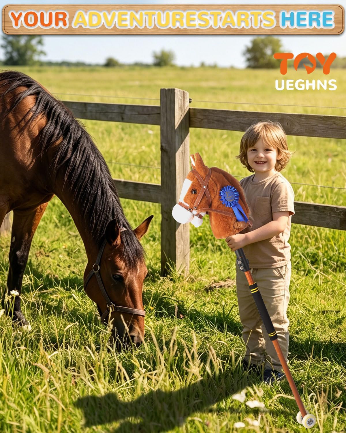 Stick Horse, Hobby Horse on a Stick for Kids Ages 4-12 Adjustable 30-52" with Illuminated Silent Wheels Comfortable Sponge Wrapped complimentary AA Batteries Realistic Horse neighs.